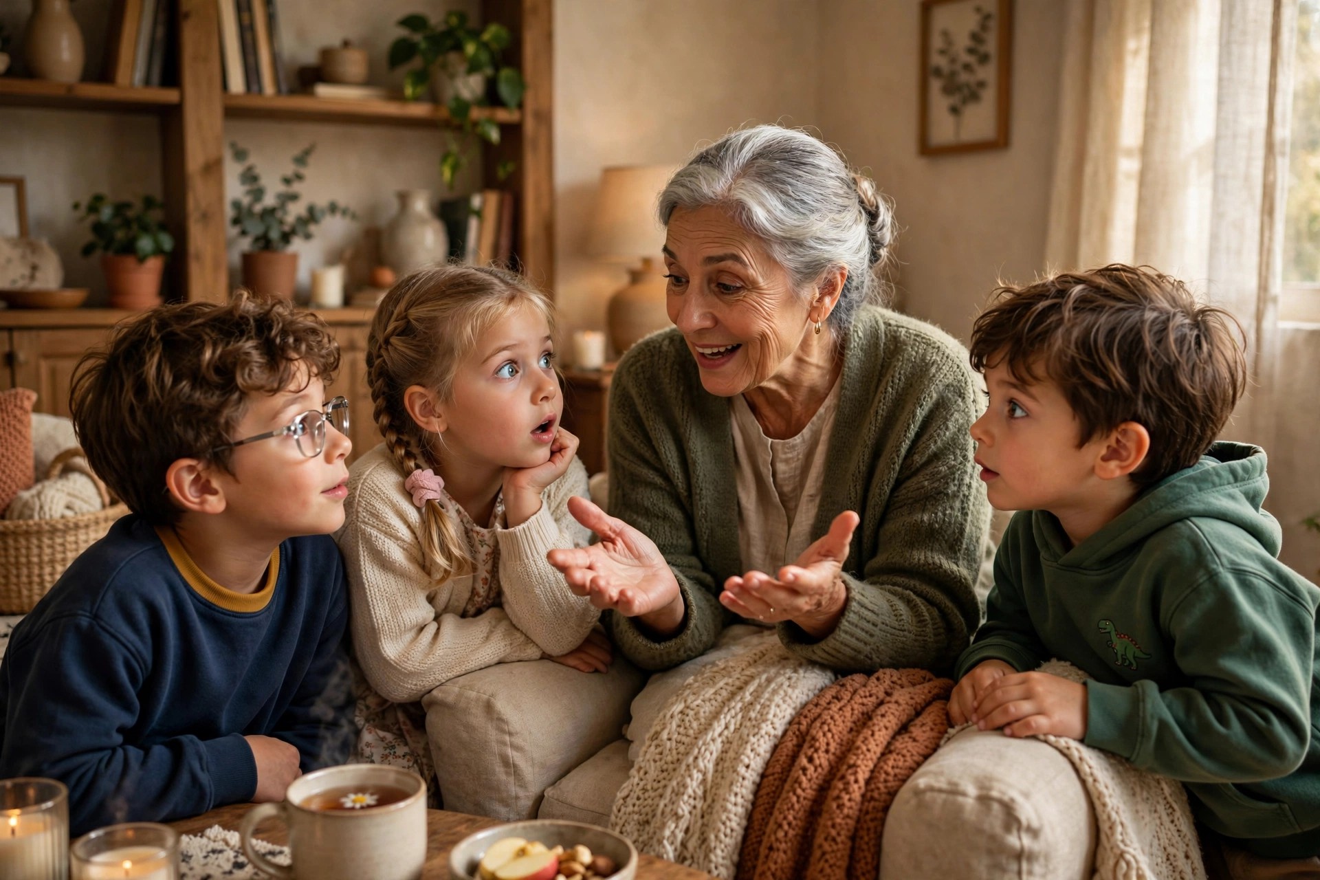 Grandmother telling stories to wide-eyed grandchildren in a living room