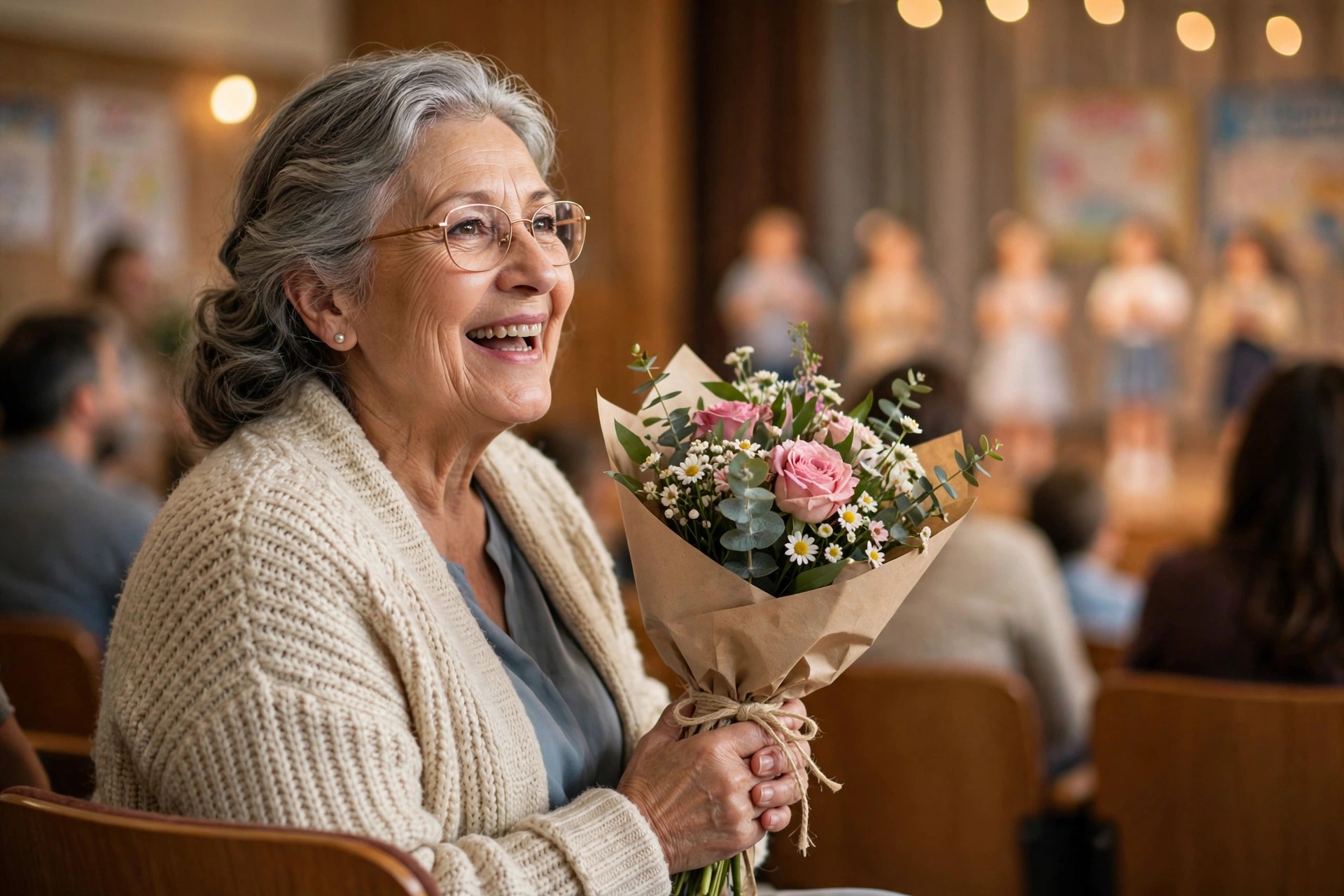 Grandmother cheering at a child's school recital holding flowers
