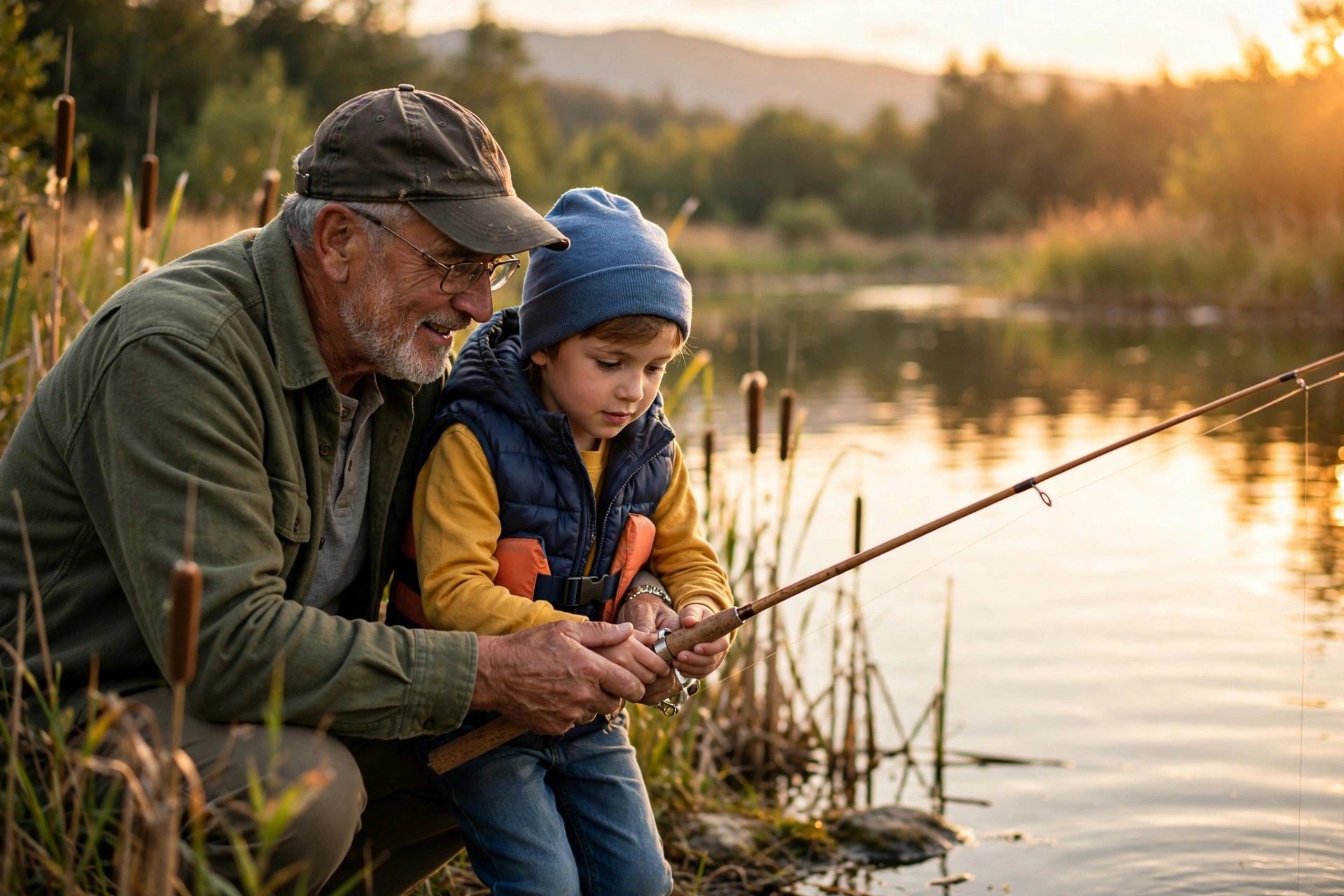 Grandfather teaching a grandchild to fish at a lake at golden hour