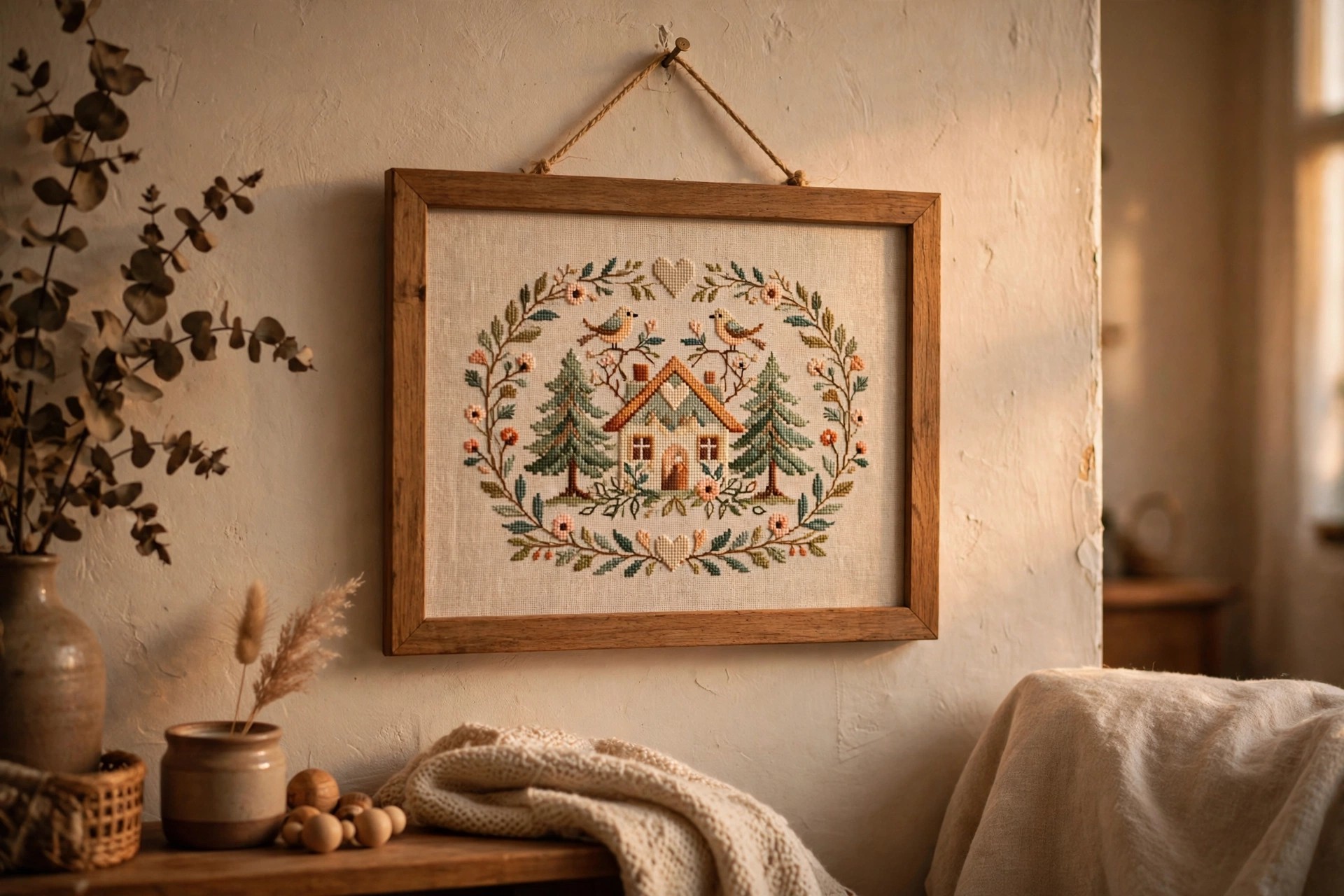 Framed cross-stitch family saying on a cozy living room wall