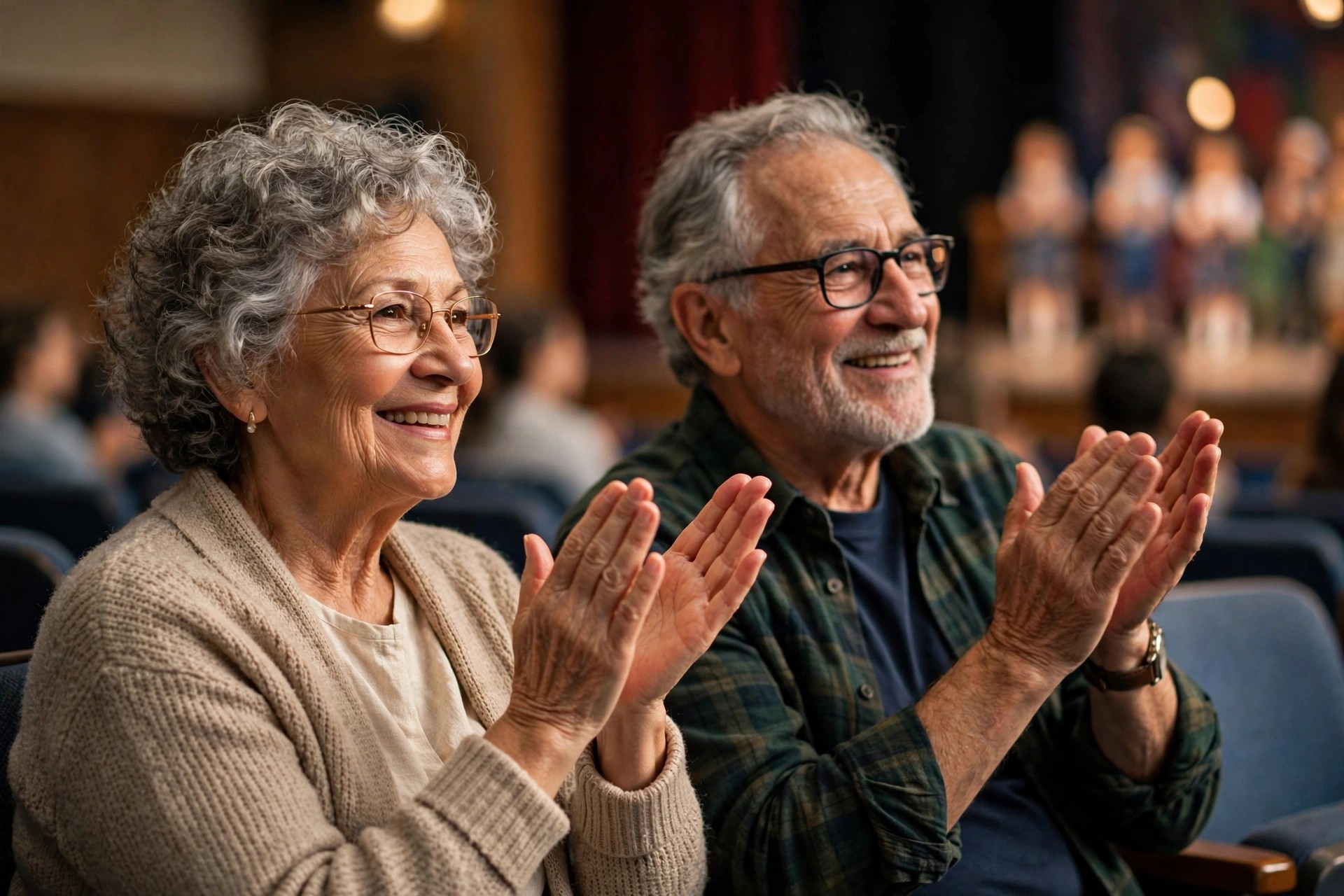 Grandparents applauding in the audience at a school play