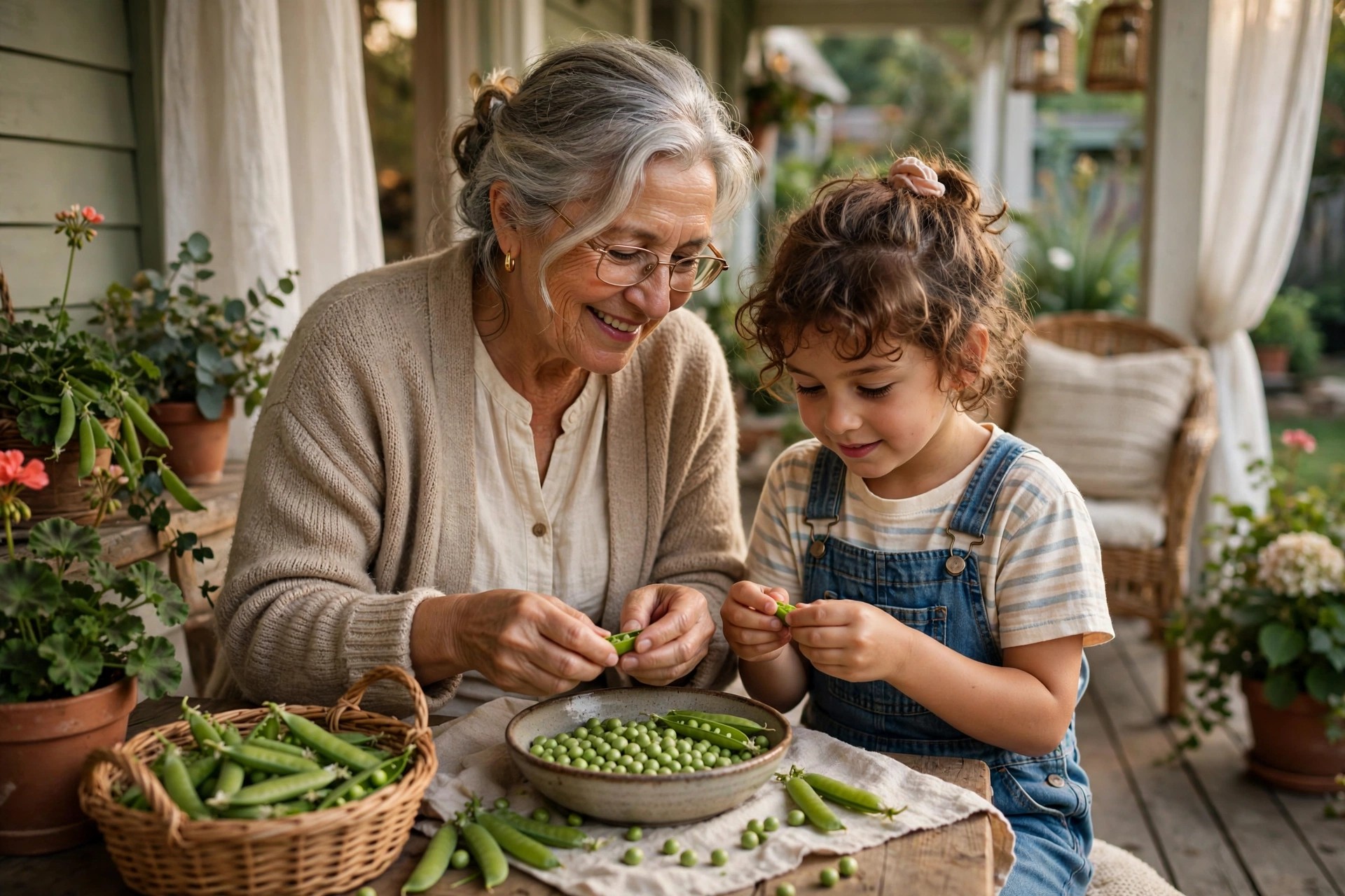 Grandmother and grandchild shelling peas together on a porch