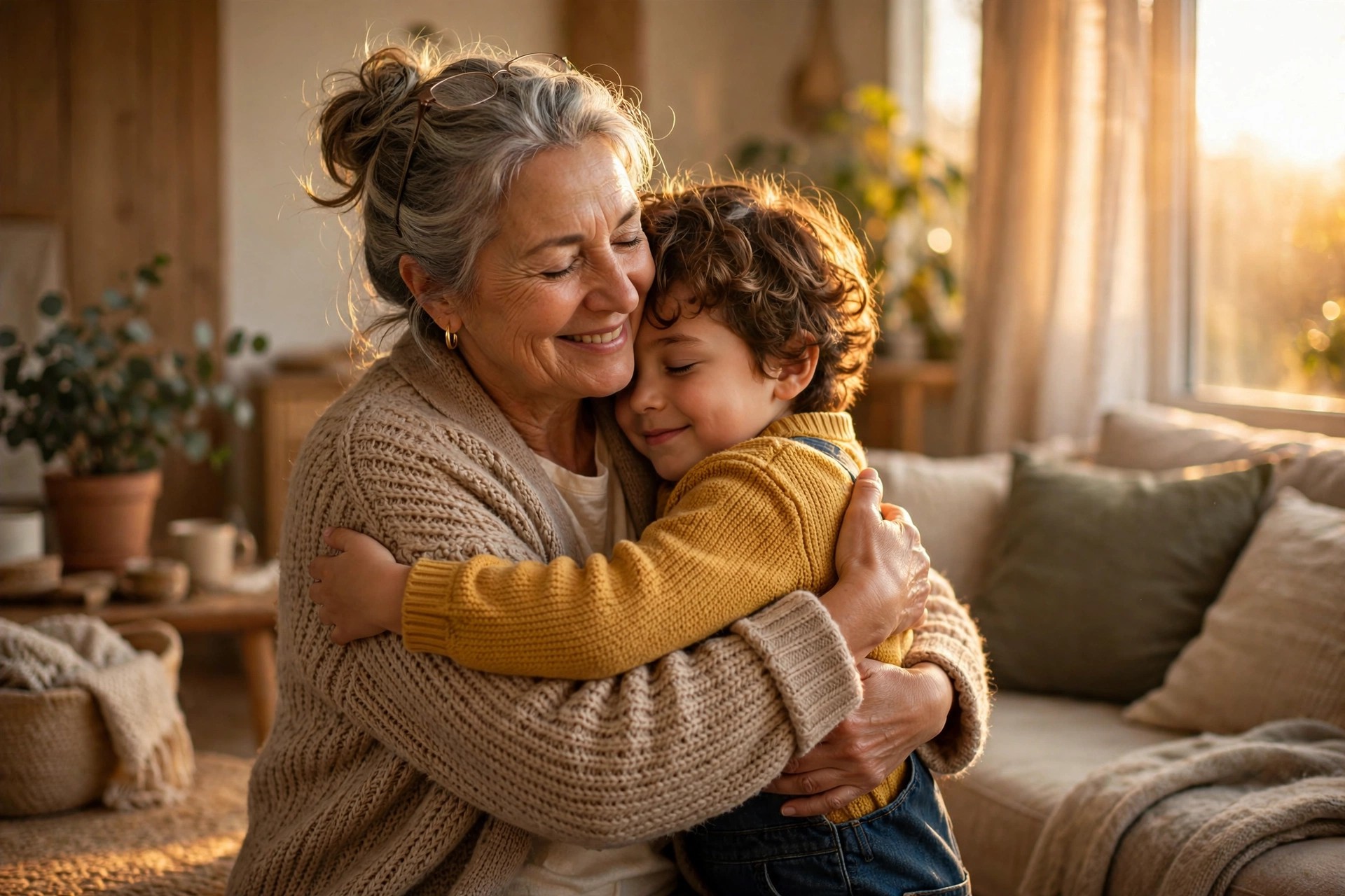 Grandmother hugging a grandchild tightly in golden light