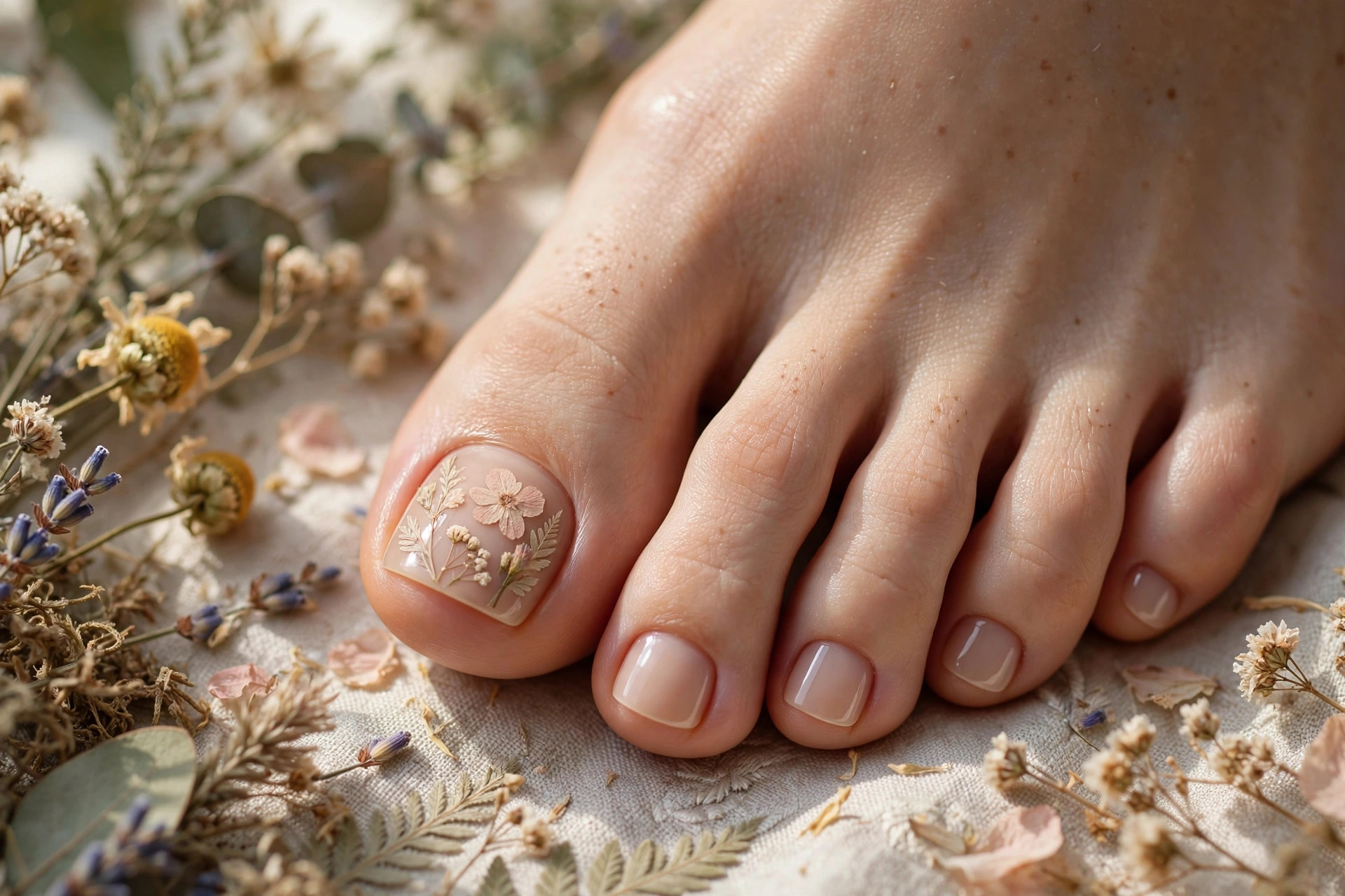 Sheer nude big toes with pressed dried-flower decals