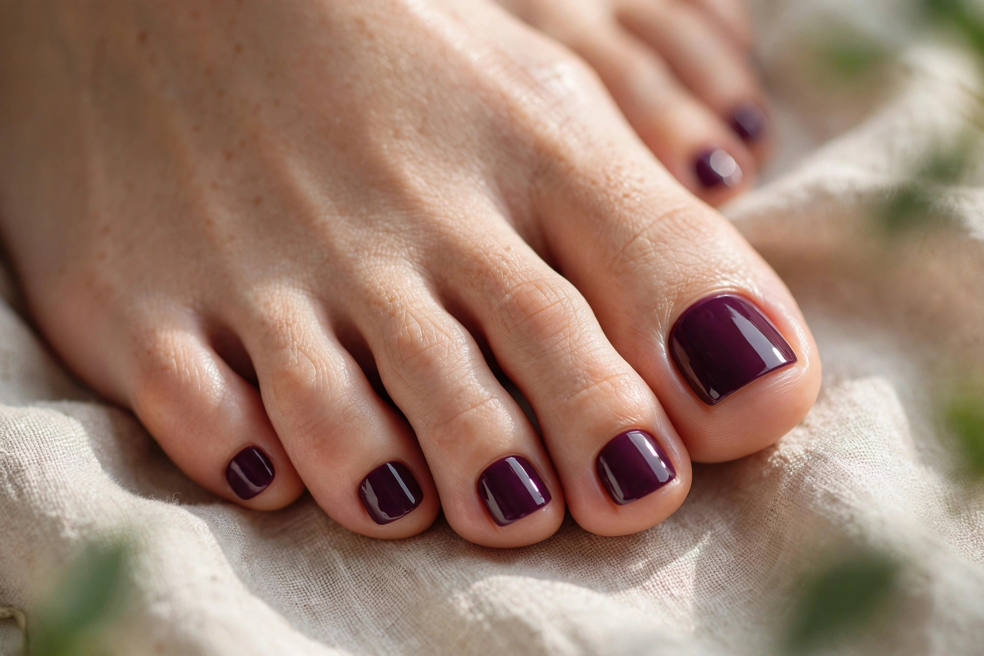 Toenails in deep rich plum purple creme polish