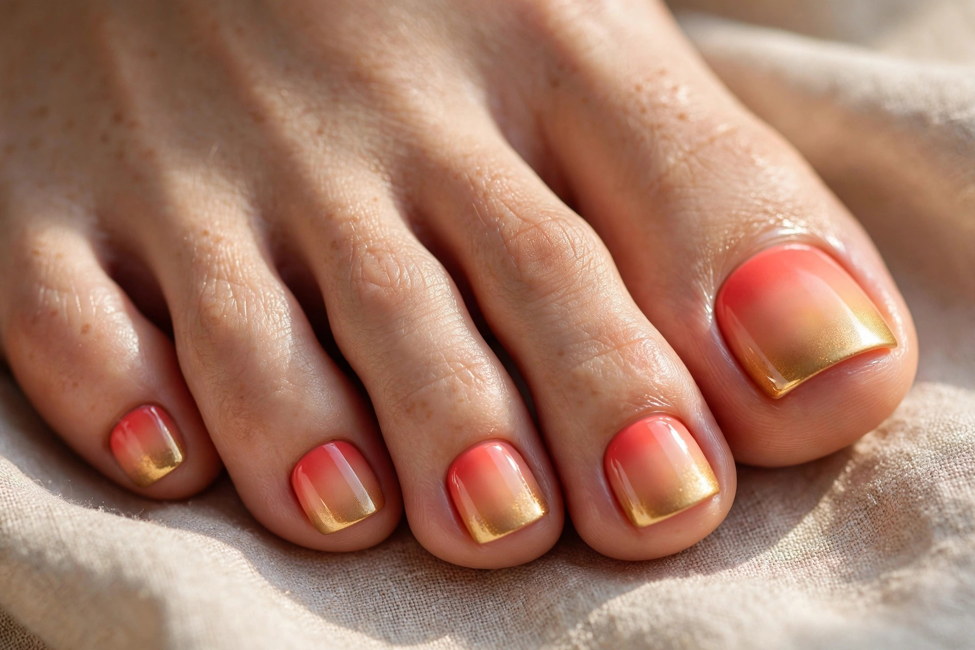 Toenails with coral to peach to gold sunset ombre gradient