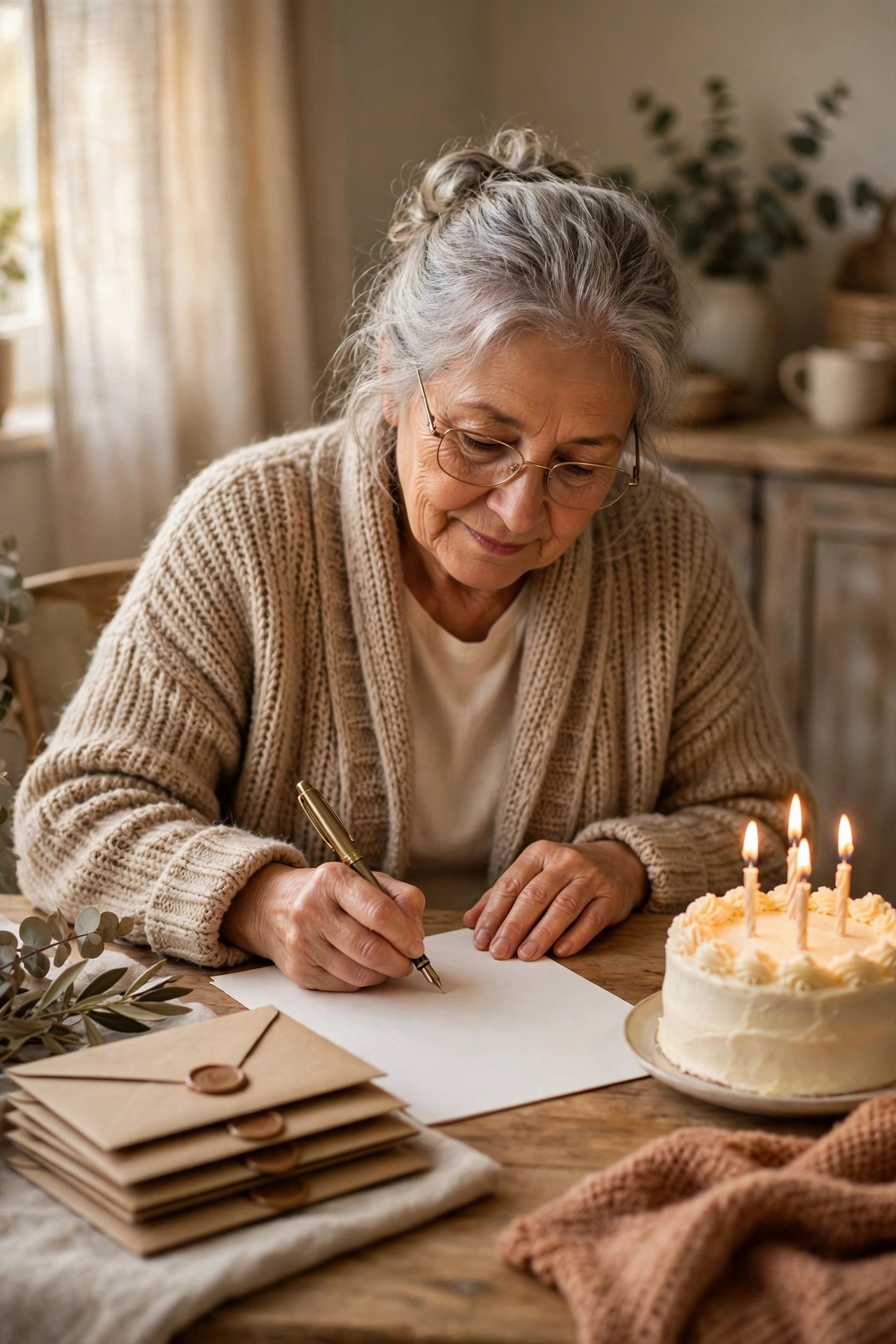 Grandmother writing a birthday letter at a table beside a birthday cake with candles
