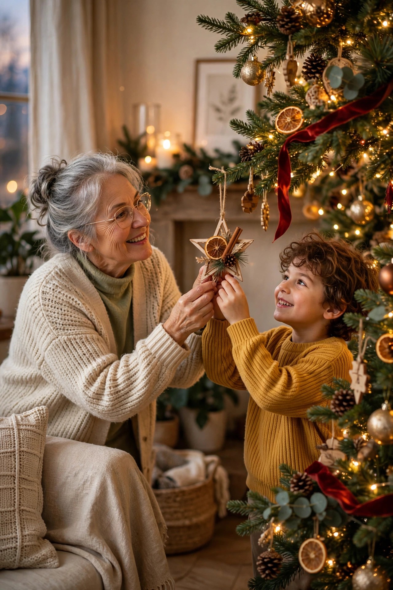 Grandmother and grandchild hanging a special ornament on a Christmas tree