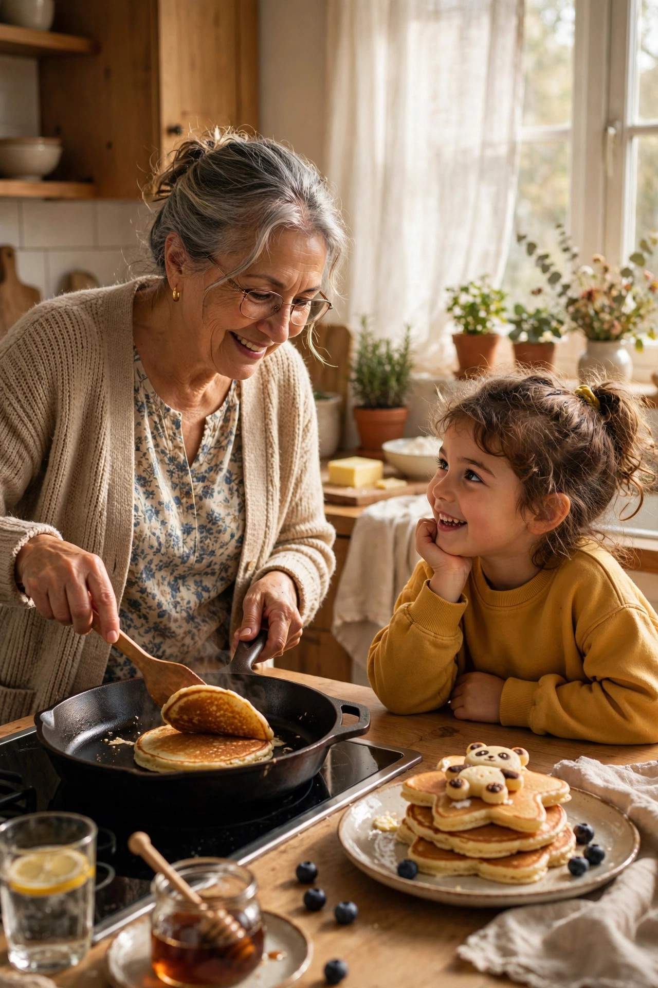 Grandmother flipping pancakes in a sunny kitchen while grandchild watches