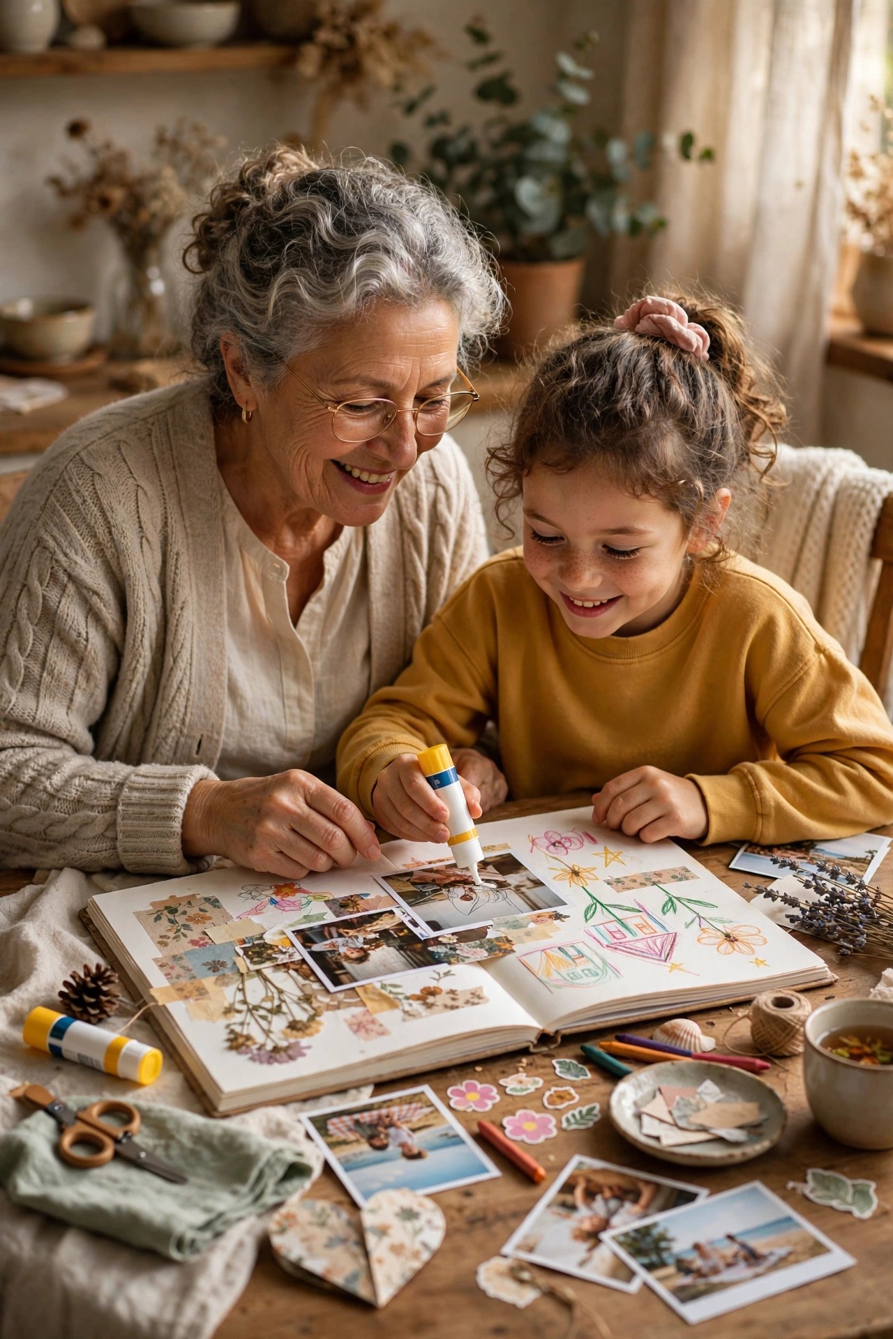 Grandmother and grandchild adding photos to a shared family scrapbook