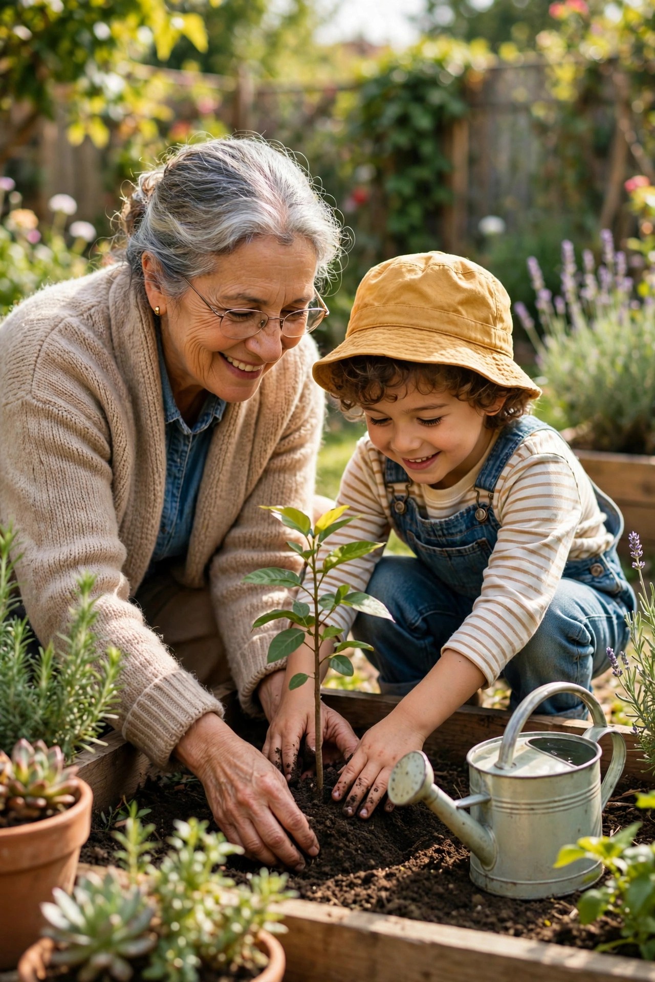 Grandmother and grandchild planting a small tree together in a garden