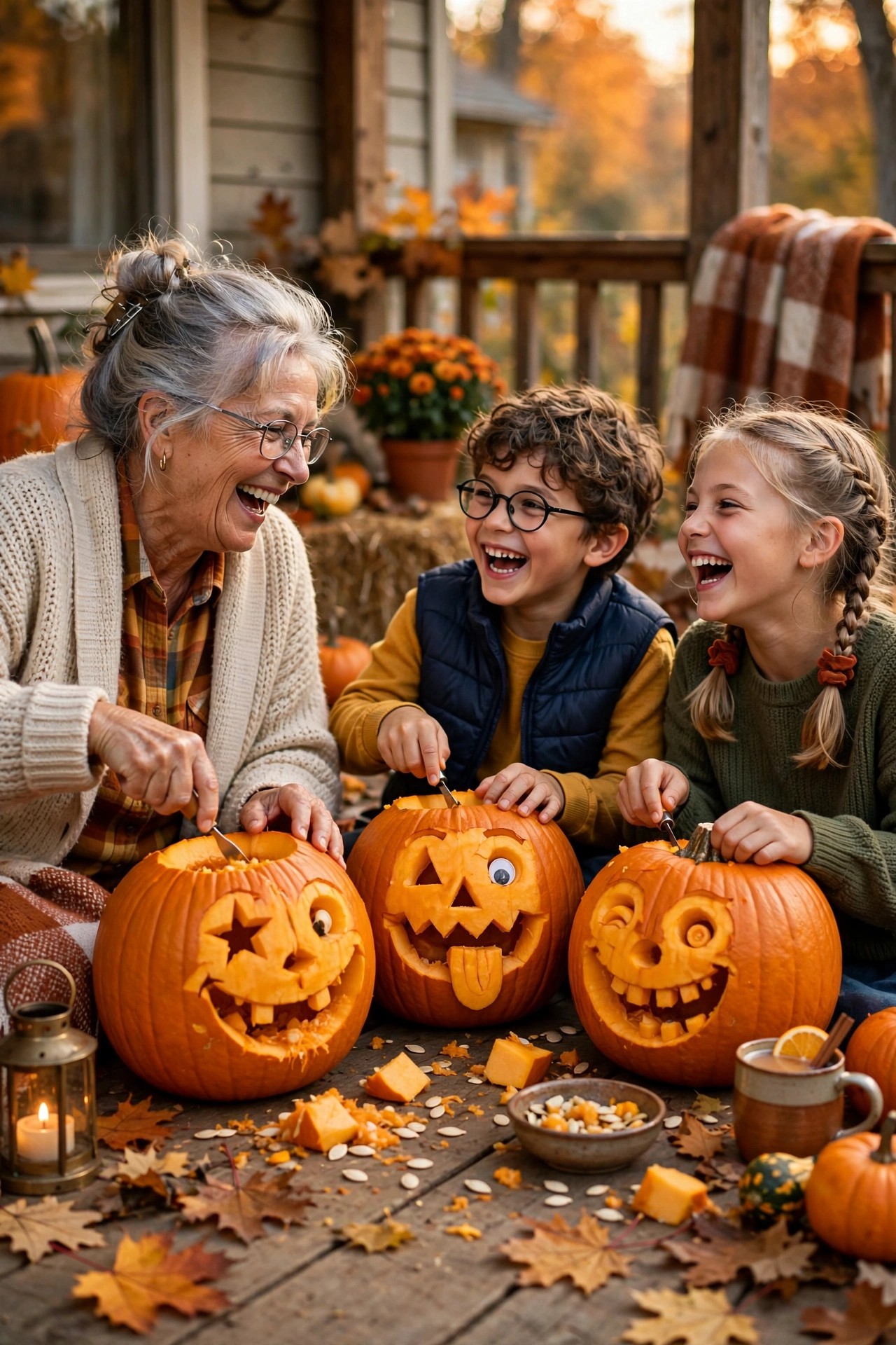Grandmother and grandchildren carving pumpkins together on a porch in autumn