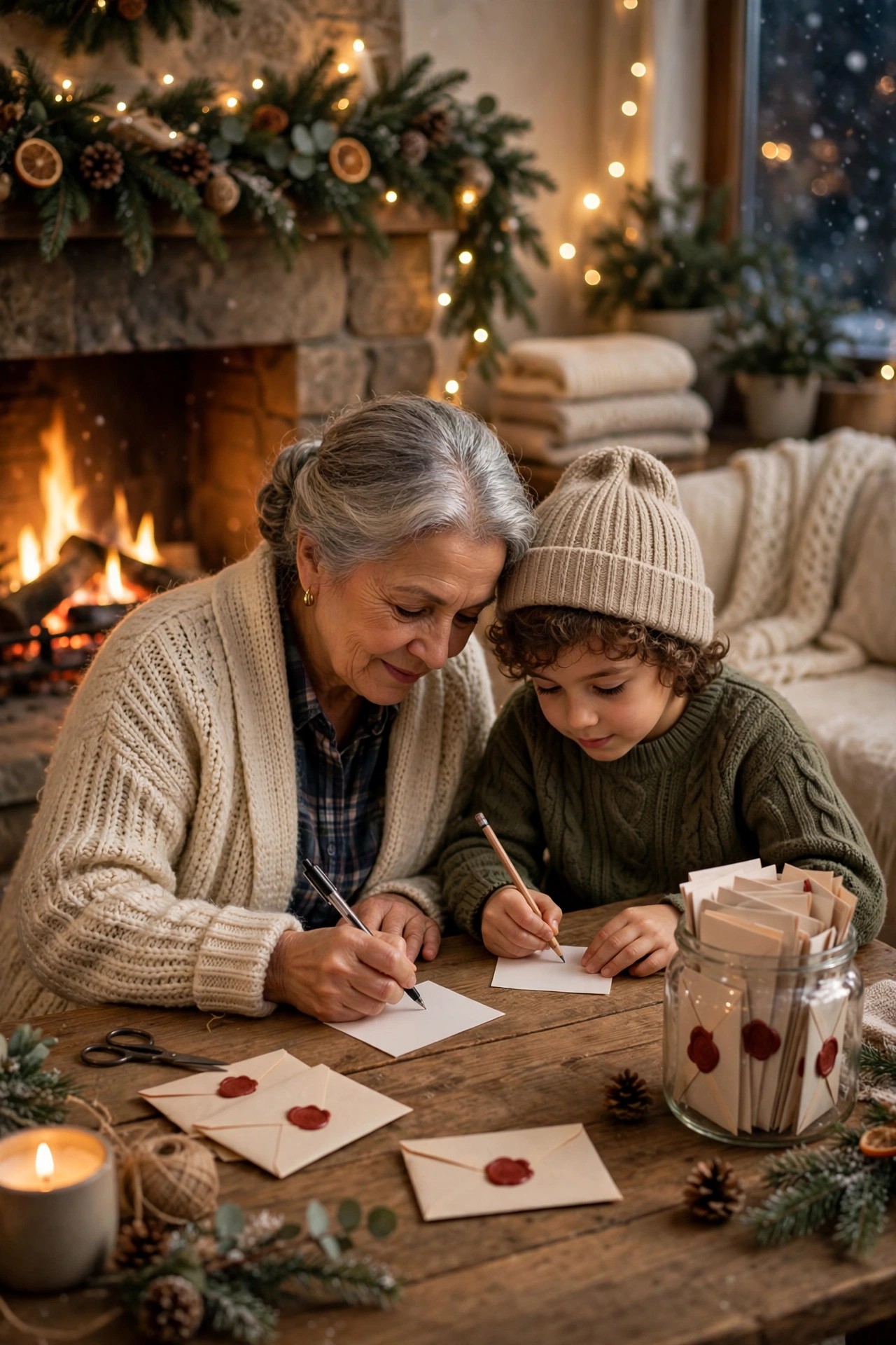 Grandmother and grandchild writing New Year wishes by a cozy fireplace