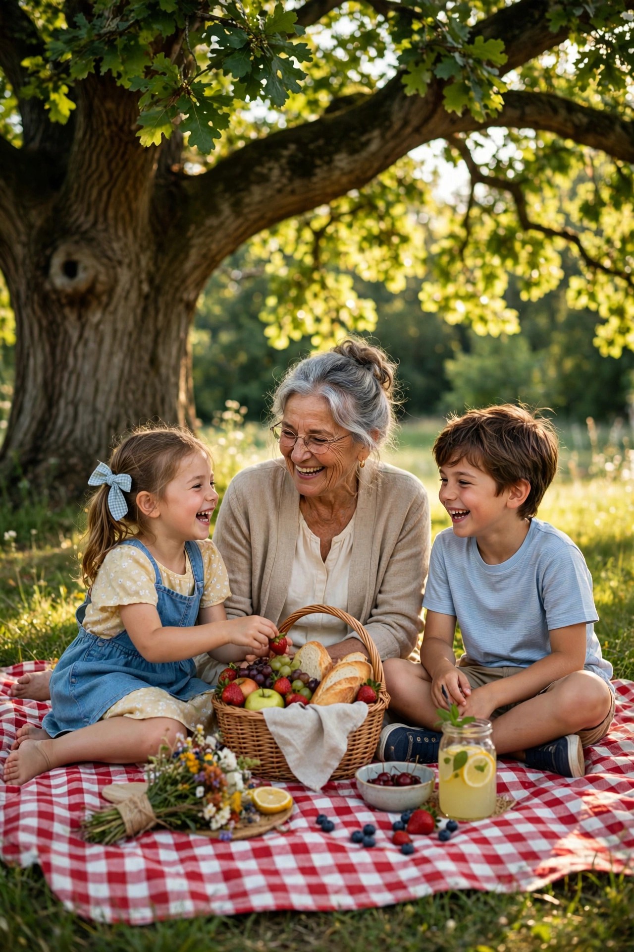 Grandmother and grandchildren picnicking under a big tree in summer