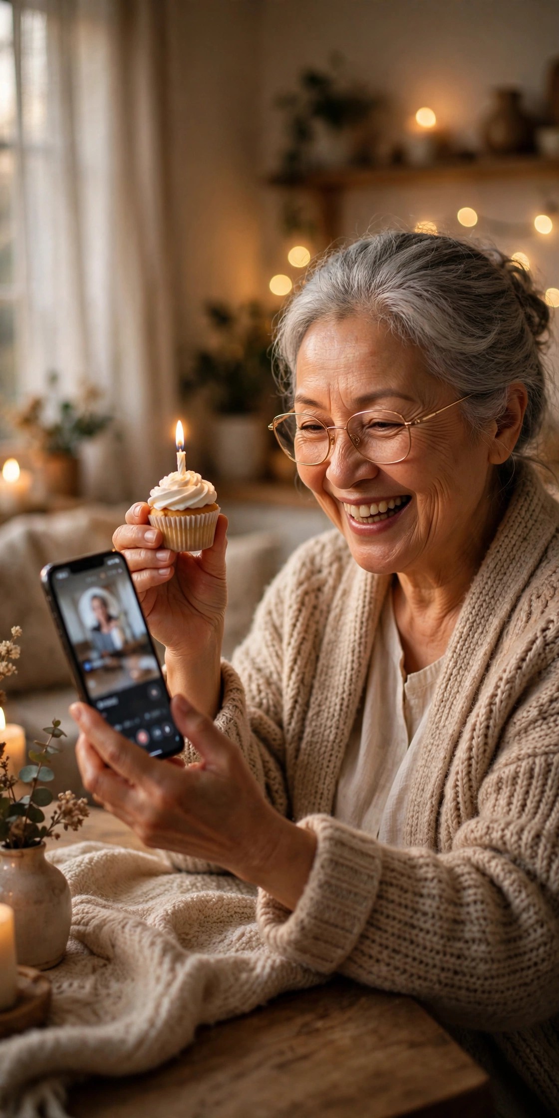 Grandmother on a video call holding a cupcake with a lit candle