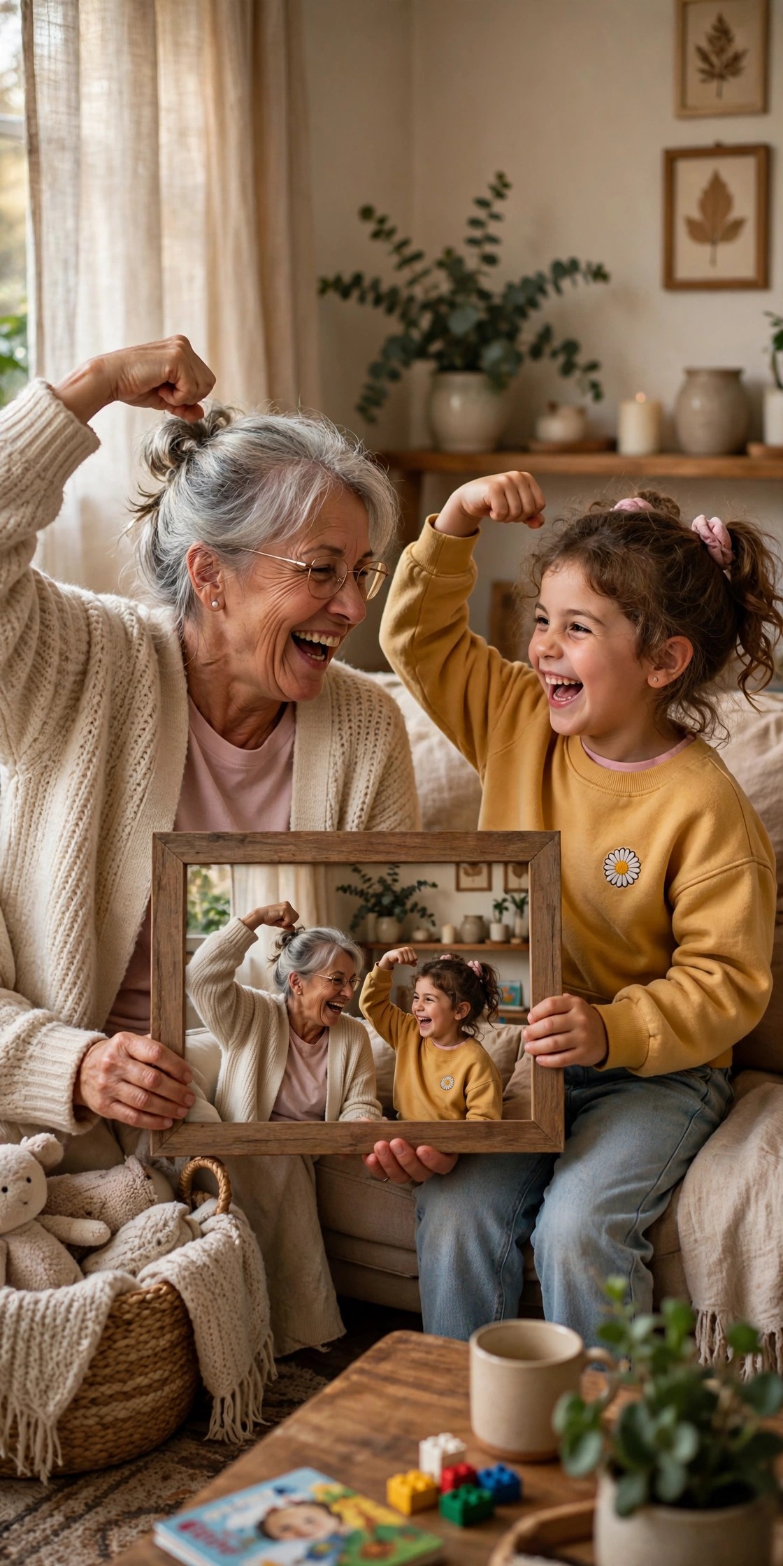 Grandmother and grandchild recreating a funny pose with last year's framed photo
