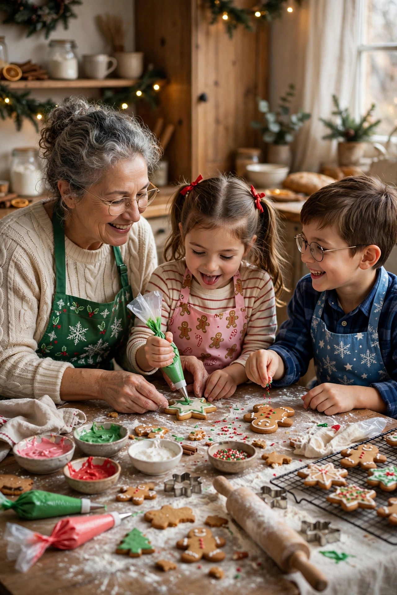 Grandmother and grandchildren decorating holiday cookies together