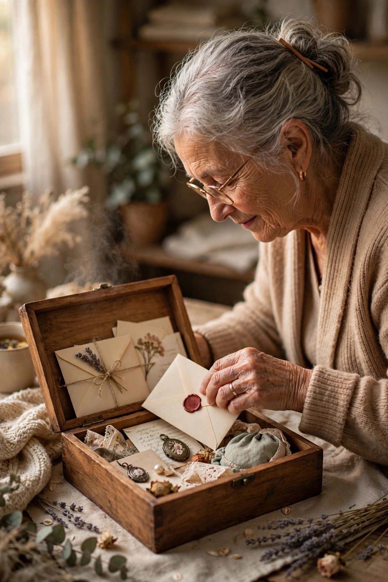 Grandmother placing a sealed envelope into a wooden keepsake wisdom box