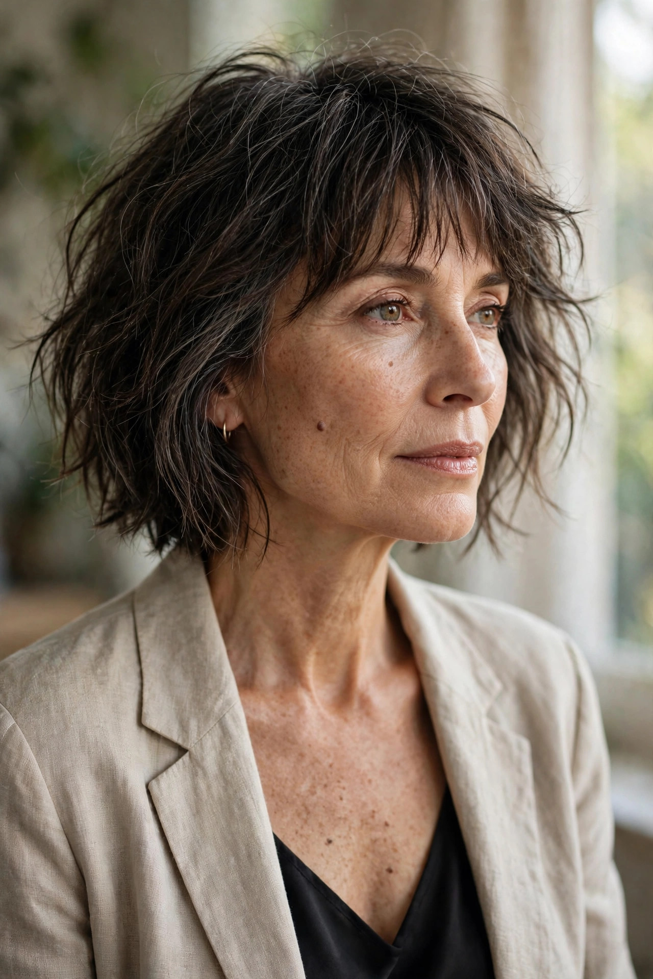 Woman in her 50s with a lived-In Choppy Bob with Curtain Fringe