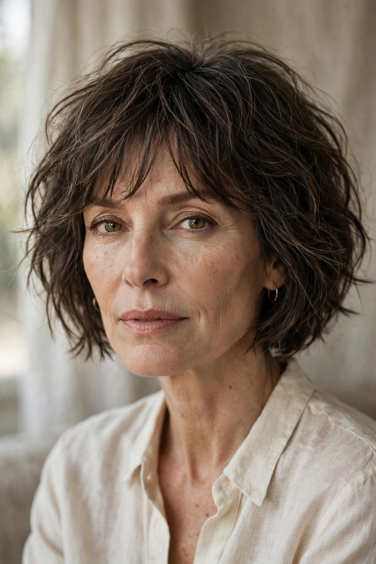 Woman in her 50s with a undone Textured Bob with Wispy Bangs