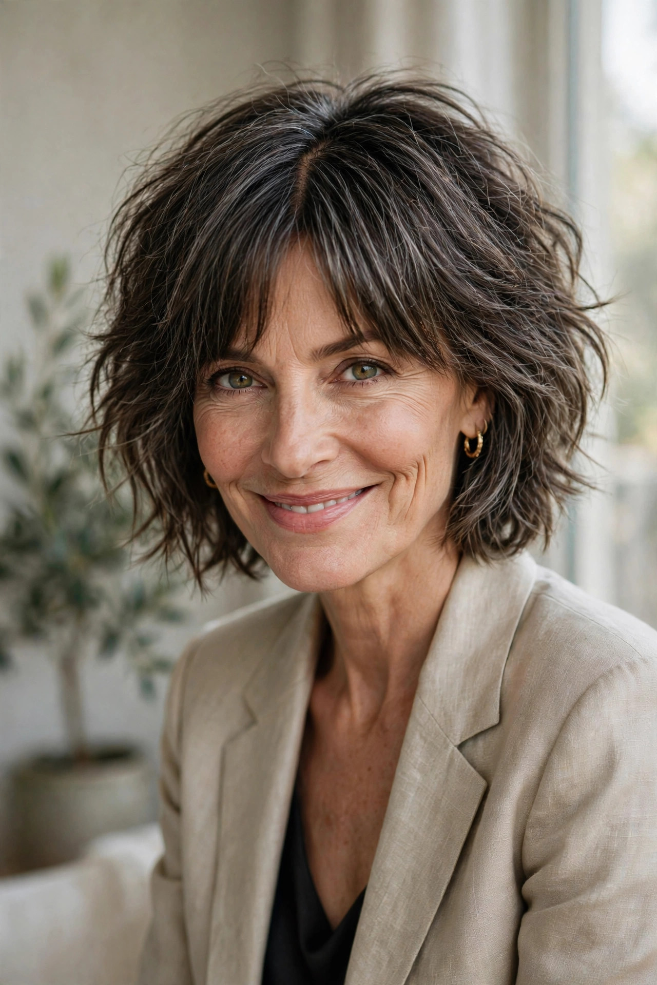 Woman in her 50s with a cool-Girl Shaggy Bob with Middle-Part Bangs