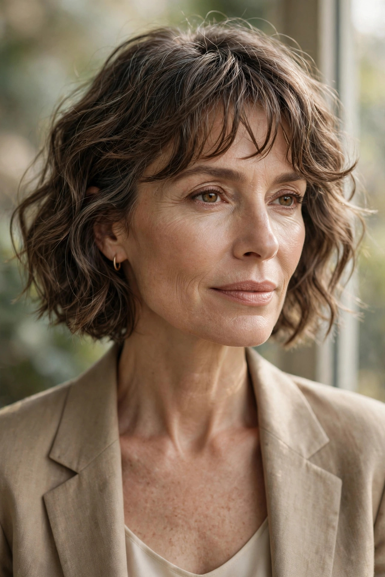 Woman in her 50s with a effortless Wavy Bob with Piecey Bangs