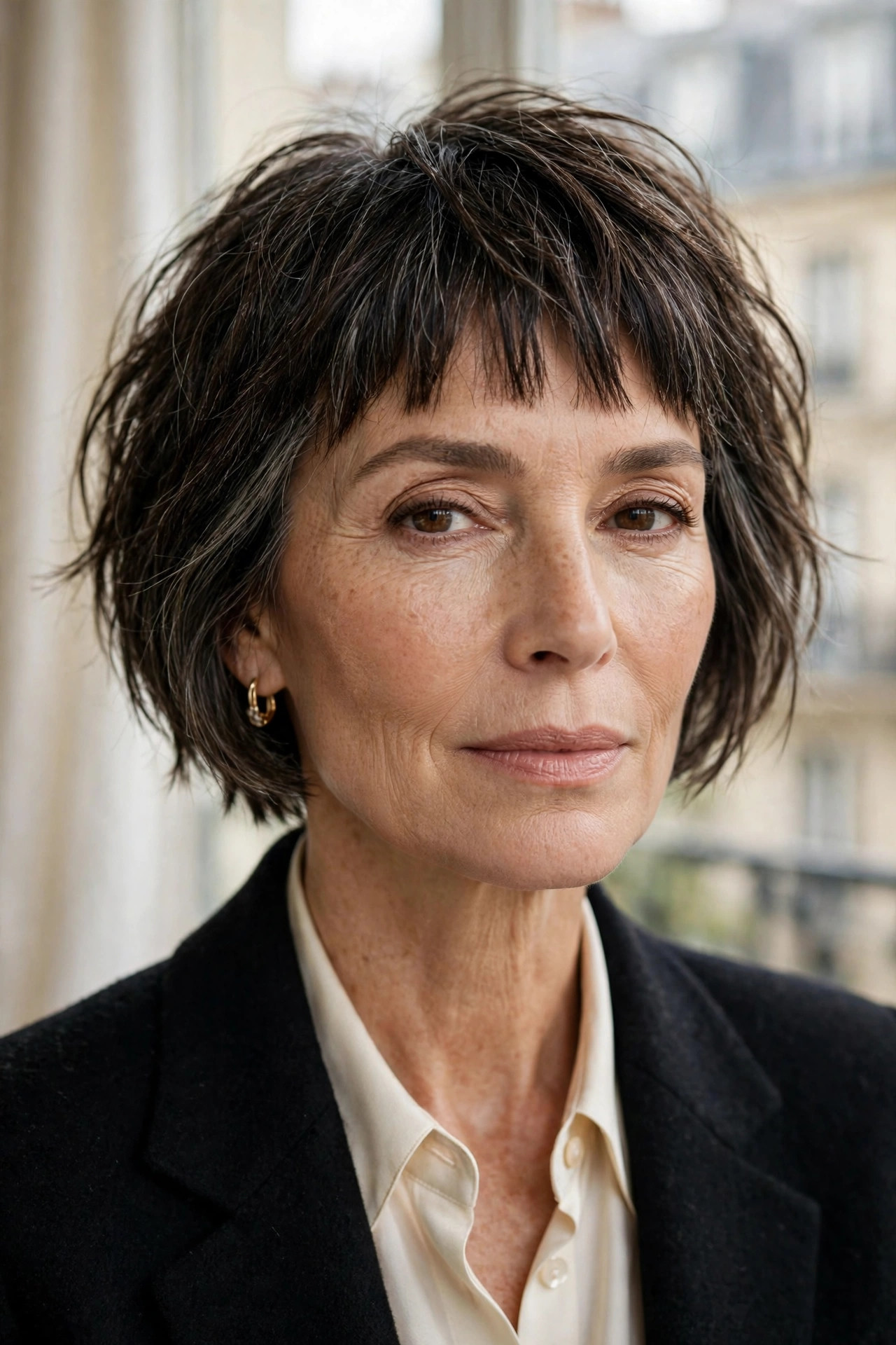 Woman in her 50s with a modern French Bob with Choppy Micro Fringe