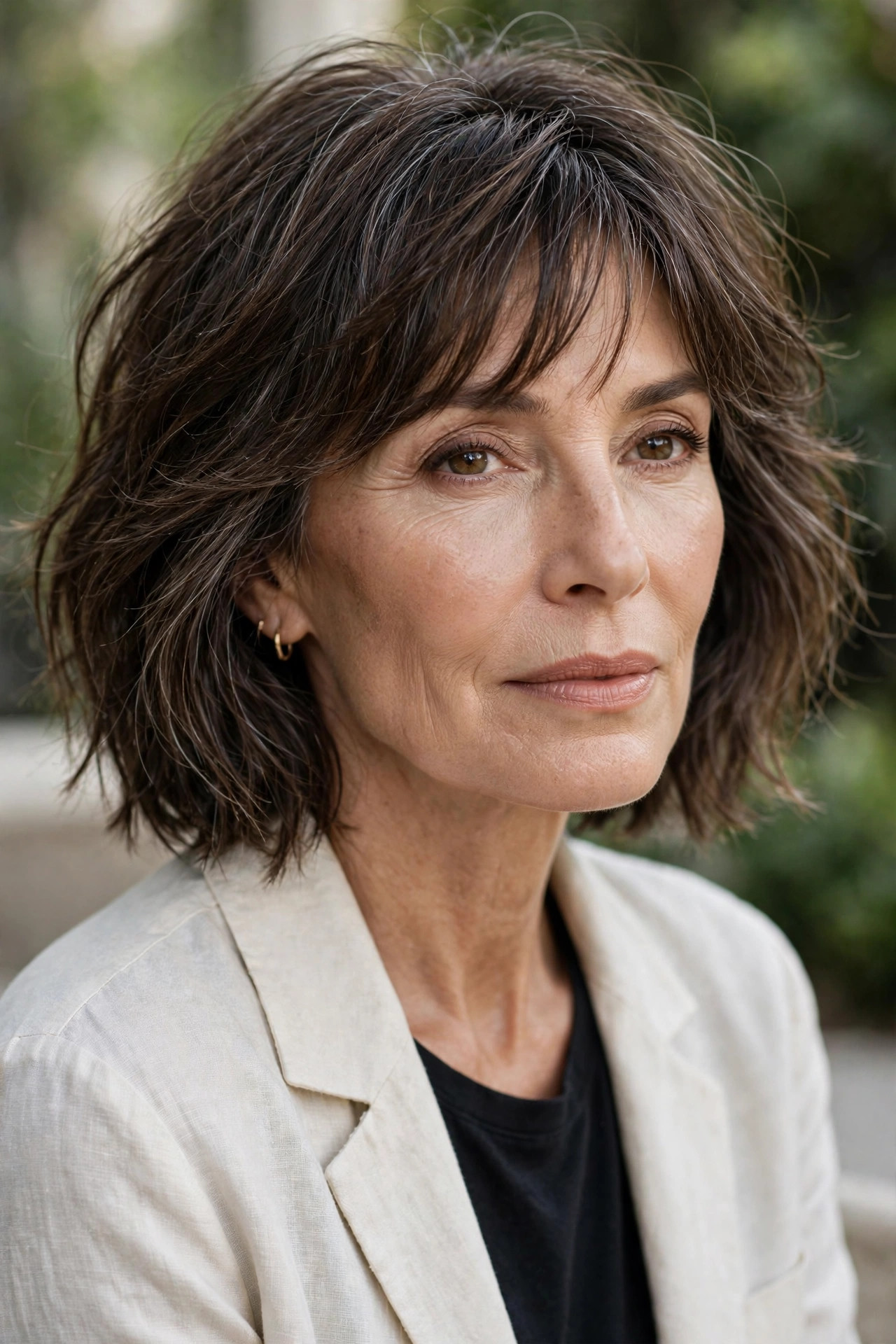 Woman in her 50s with a tousled Collarbone Cut with Feathered Bangs