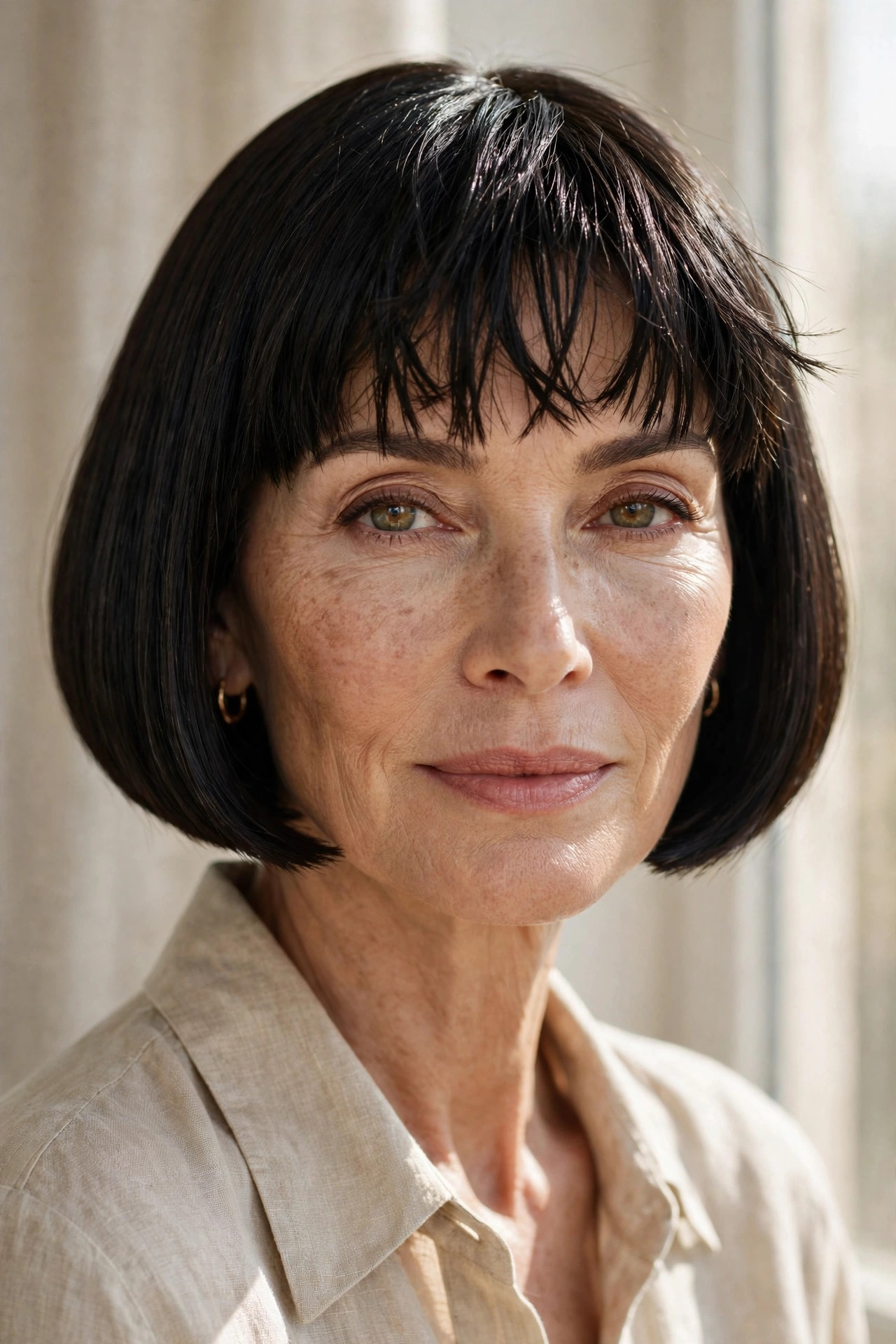 Woman in her 50s with a sleek-Edged Bob with Blunt Textured Bangs