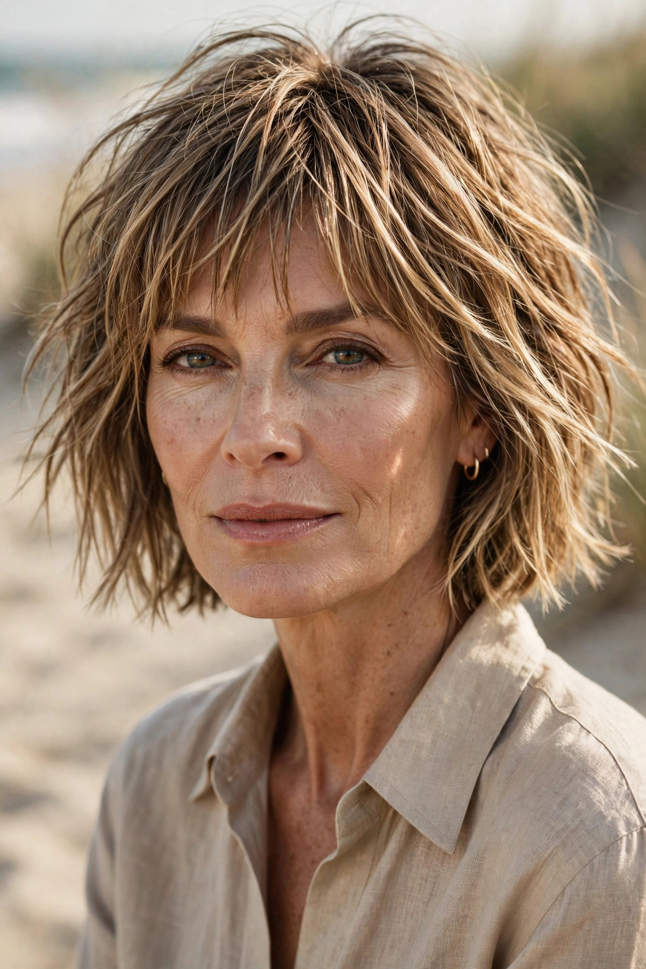 Woman in her 50s with a beachy Choppy Bob with Sun-Kissed Bangs