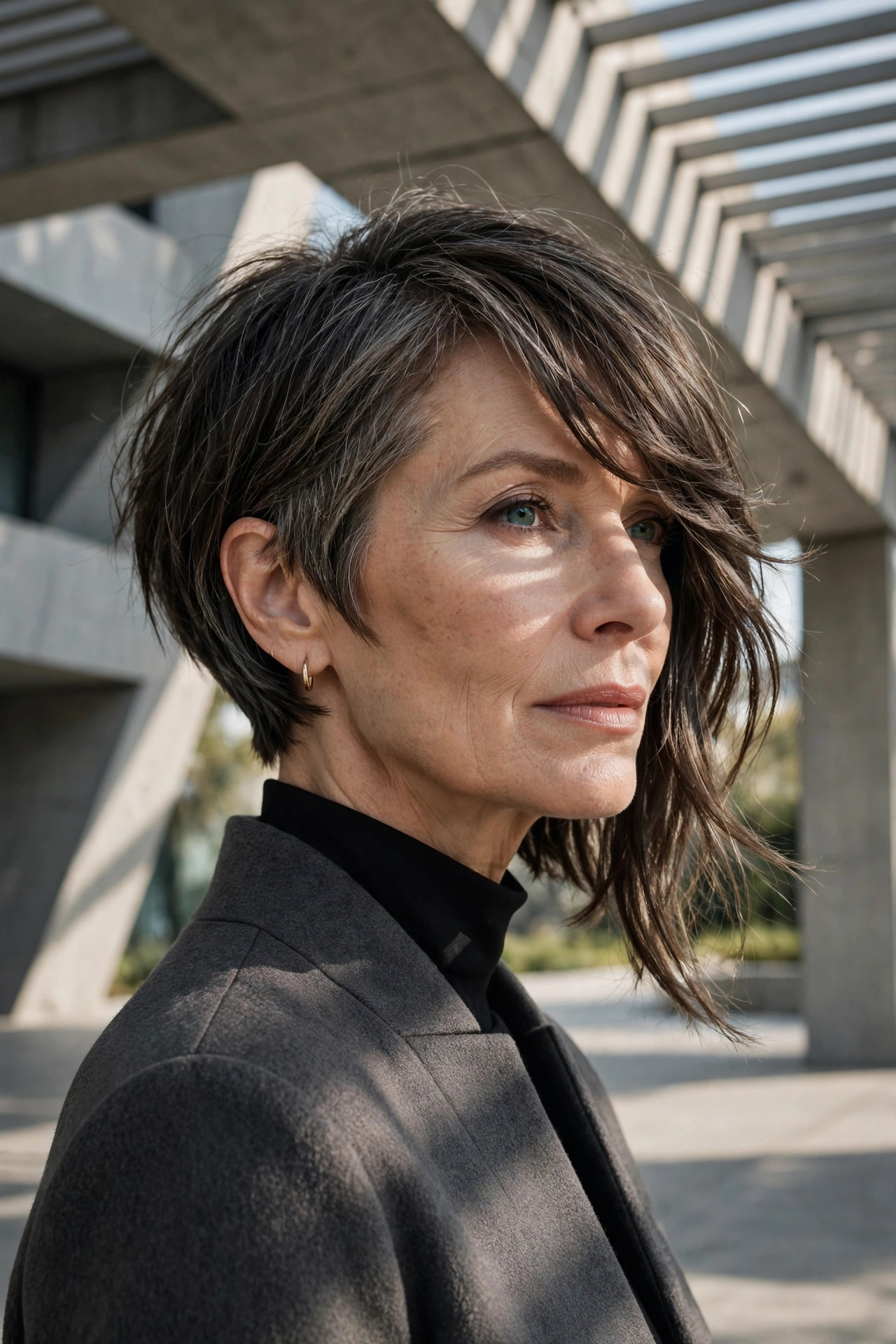 Woman in her 50s with a edgy Asymmetrical Bob with Side Bangs