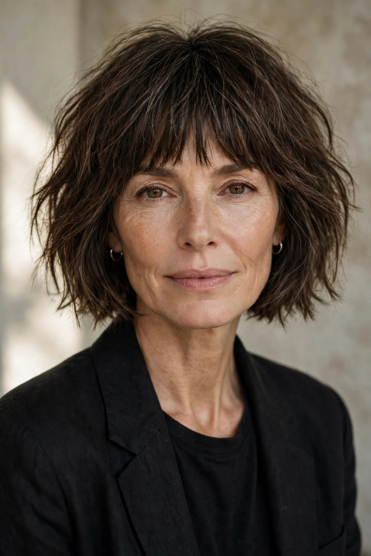 Woman in her 50s with a soft Grunge Bob with Choppy Full Bangs