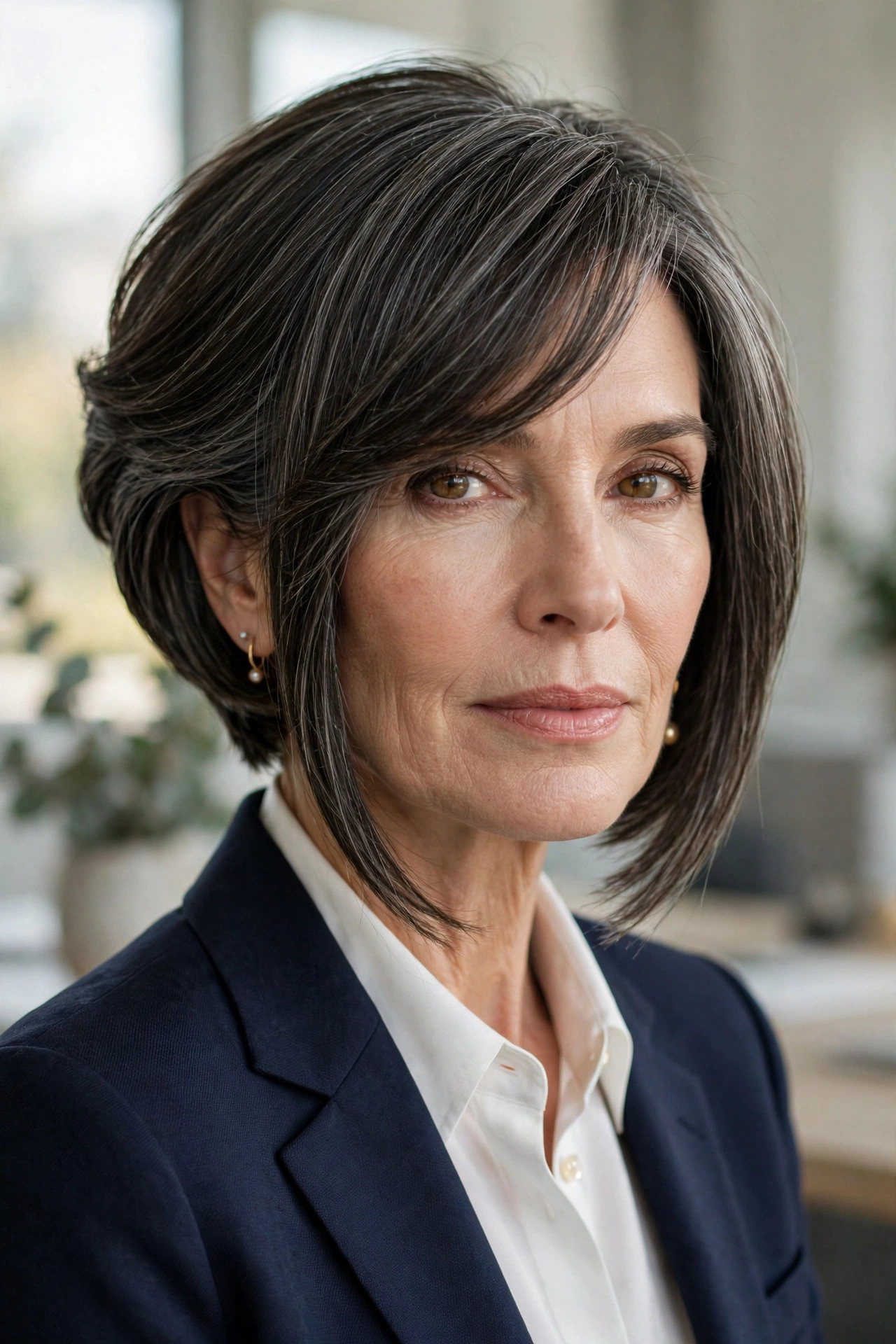 Woman in her 50s with a polished Inverted Bob with Sweeping Bangs