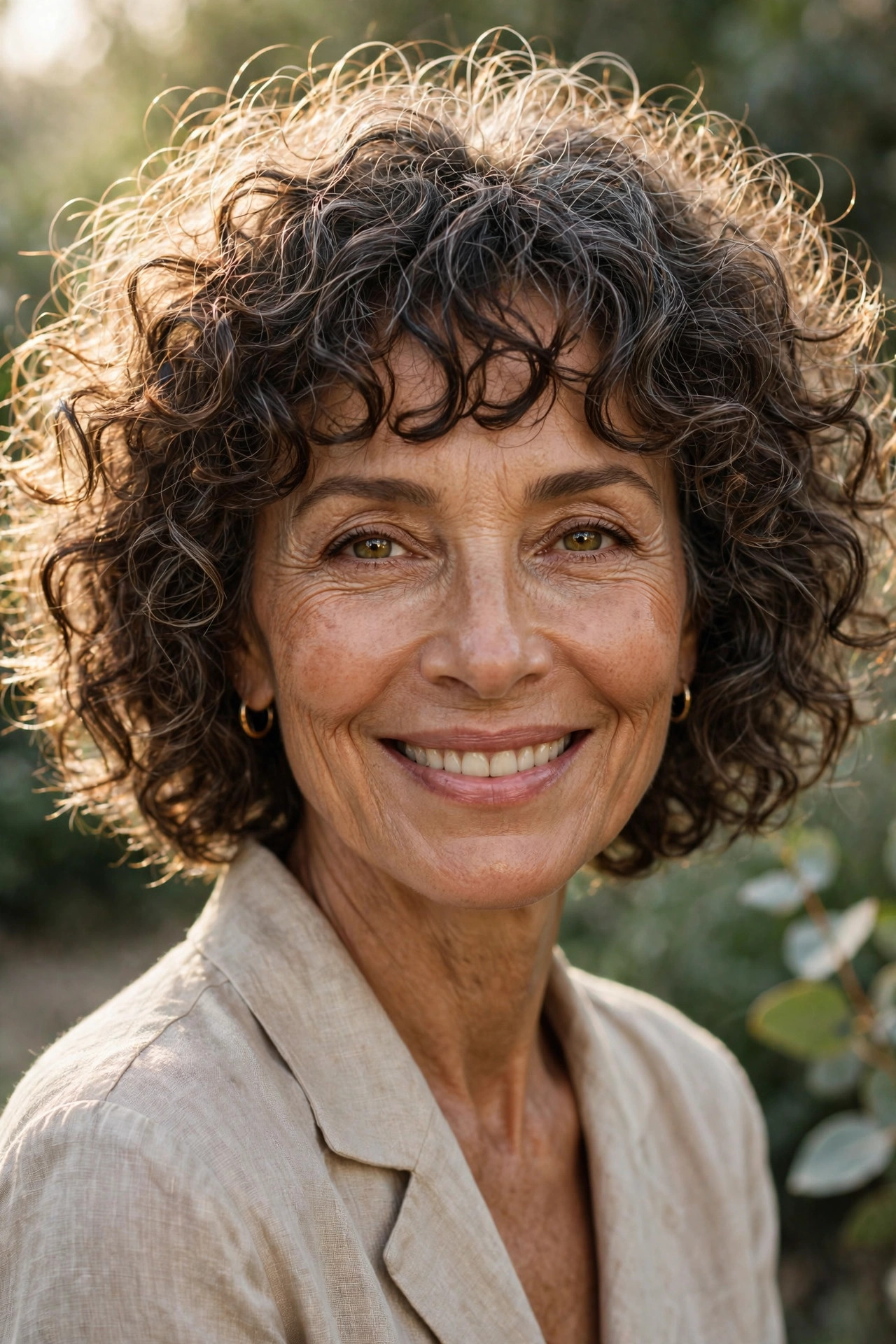 Woman in her 50s with a carefree Curly Bob with Curly Bangs