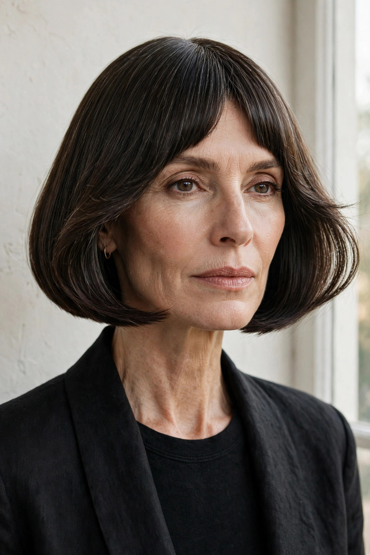 Woman in her 50s with a chic Blunt Bob with Bottleneck Fringe