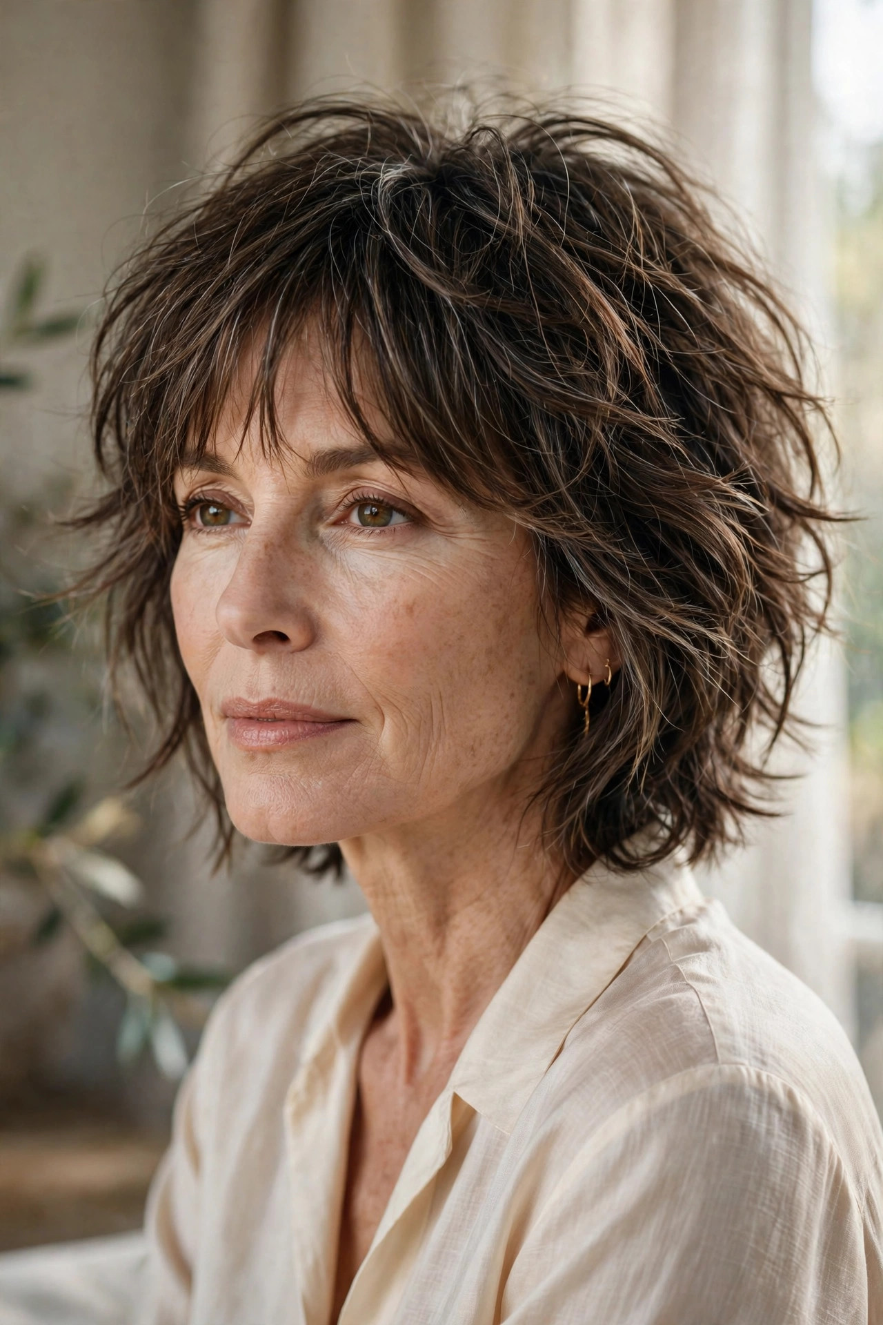 Woman in her 50s with a relaxed Shag-Bob with Wispy Curtain Bangs