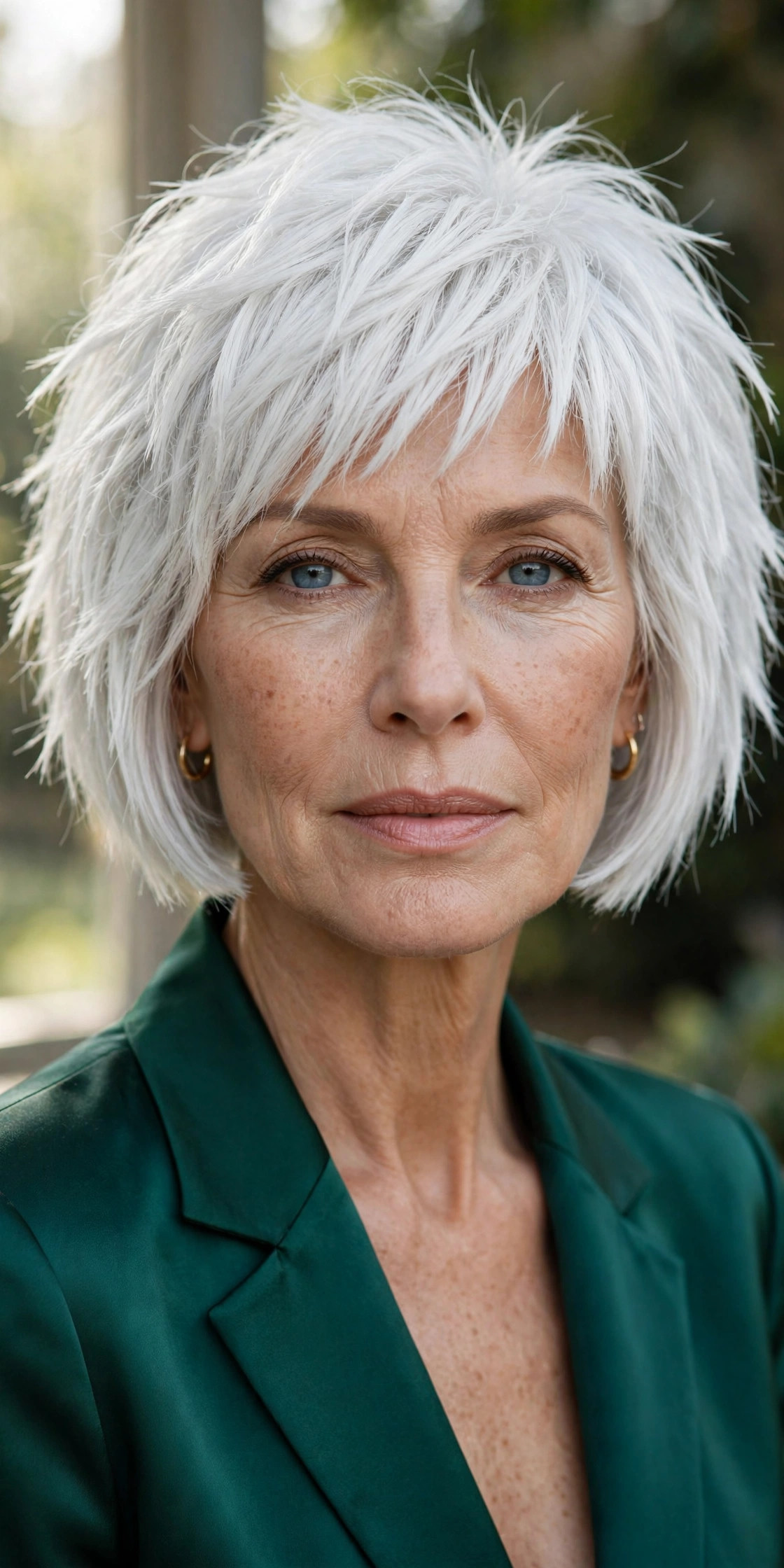 Woman in her 50s with a bold Platinum Bob with Icy Bangs