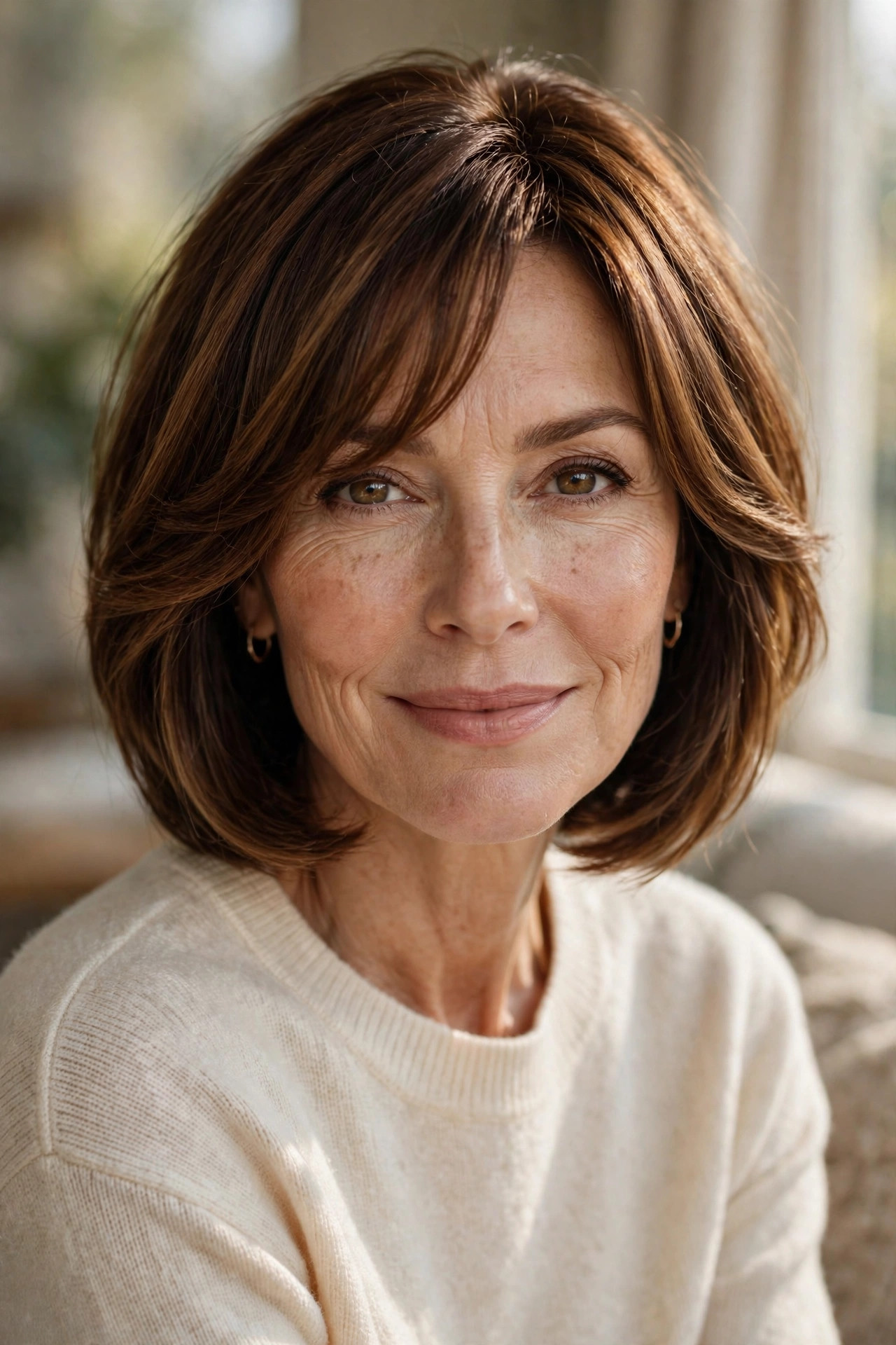 Woman in her 50s with a warm Brunette Bob with Face-Framing Bangs