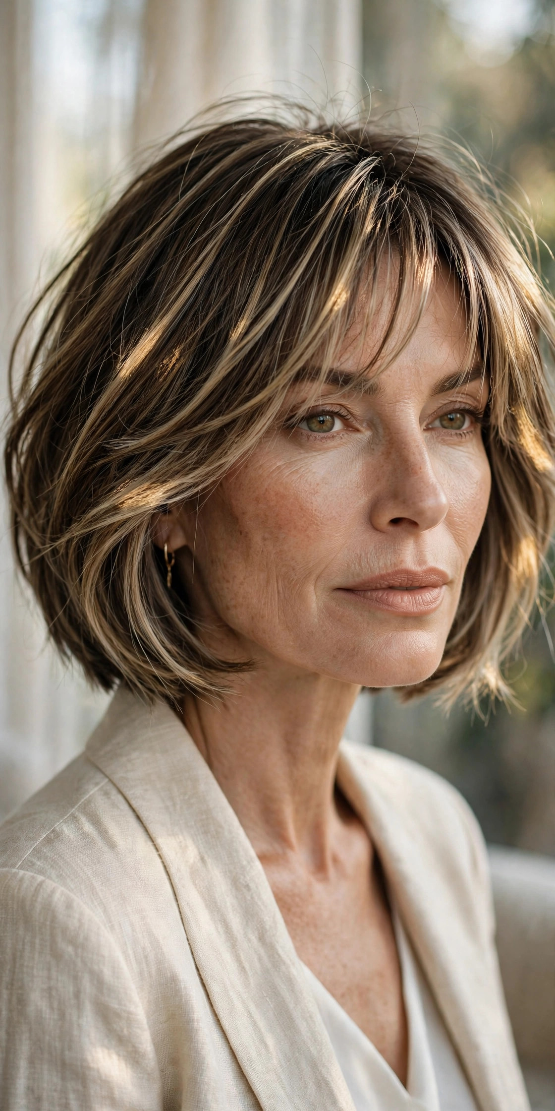 Woman in her 50s with a dimensional Balayage Bob with Light Bangs
