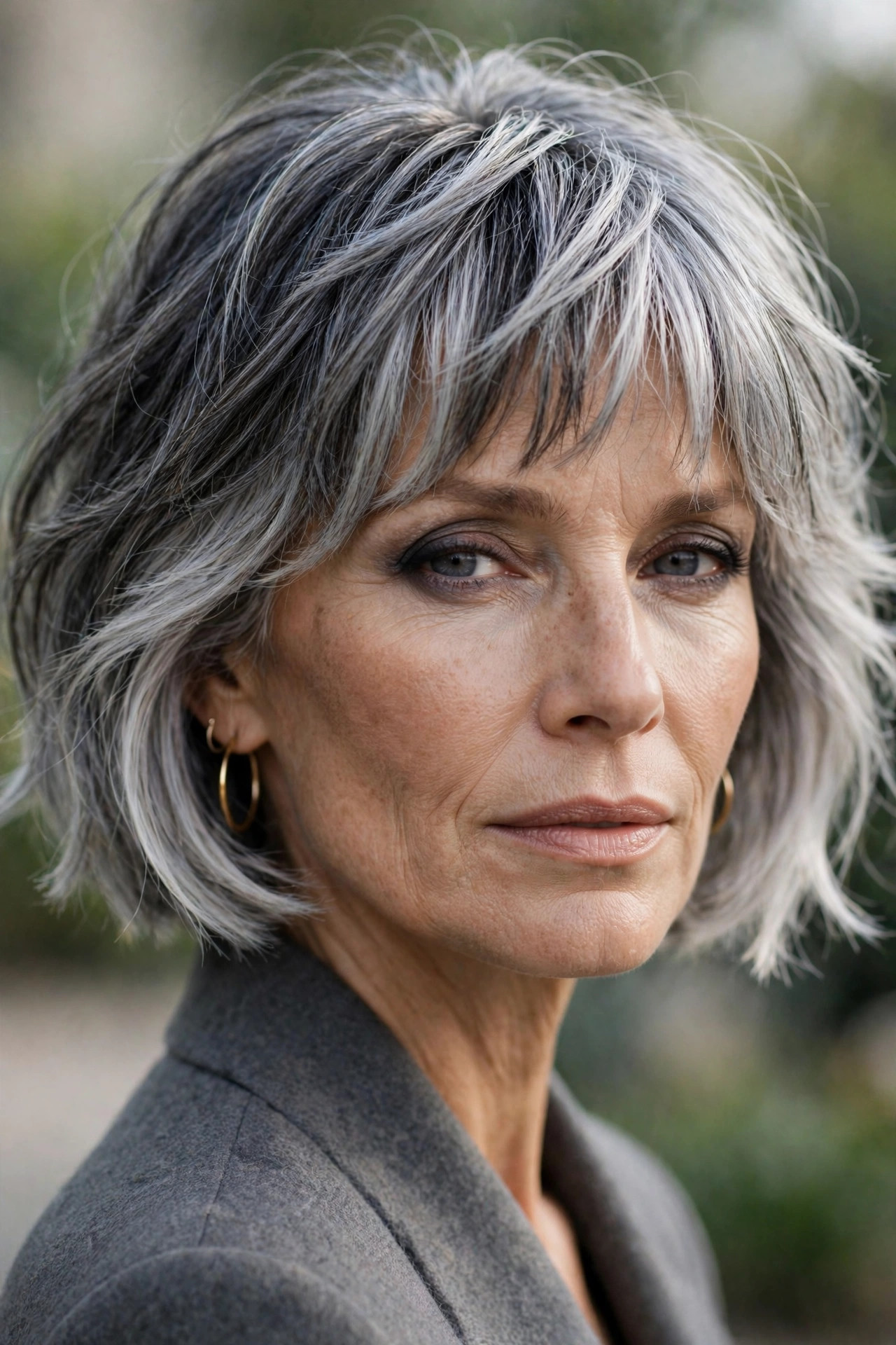 Woman in her 50s with a smoky Silver Bob with Textured Fringe