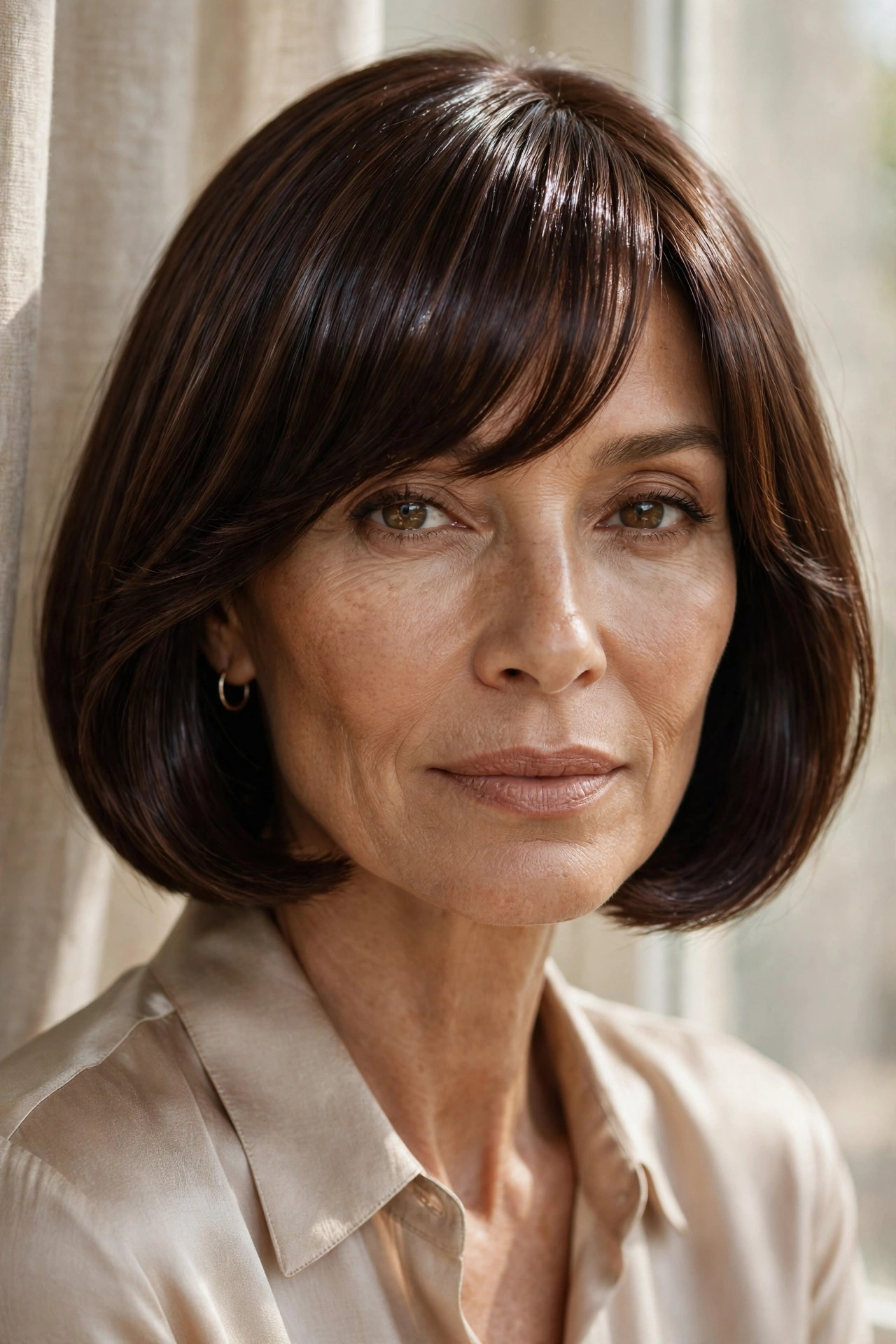 Woman in her 50s with a rich Chocolate Bob with Glossy Bangs