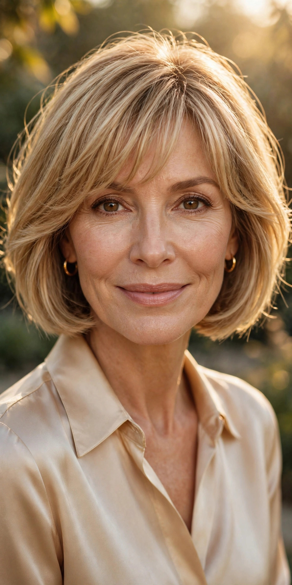 Woman in her 50s with a honey-Blonde Bob with Feathered Bangs