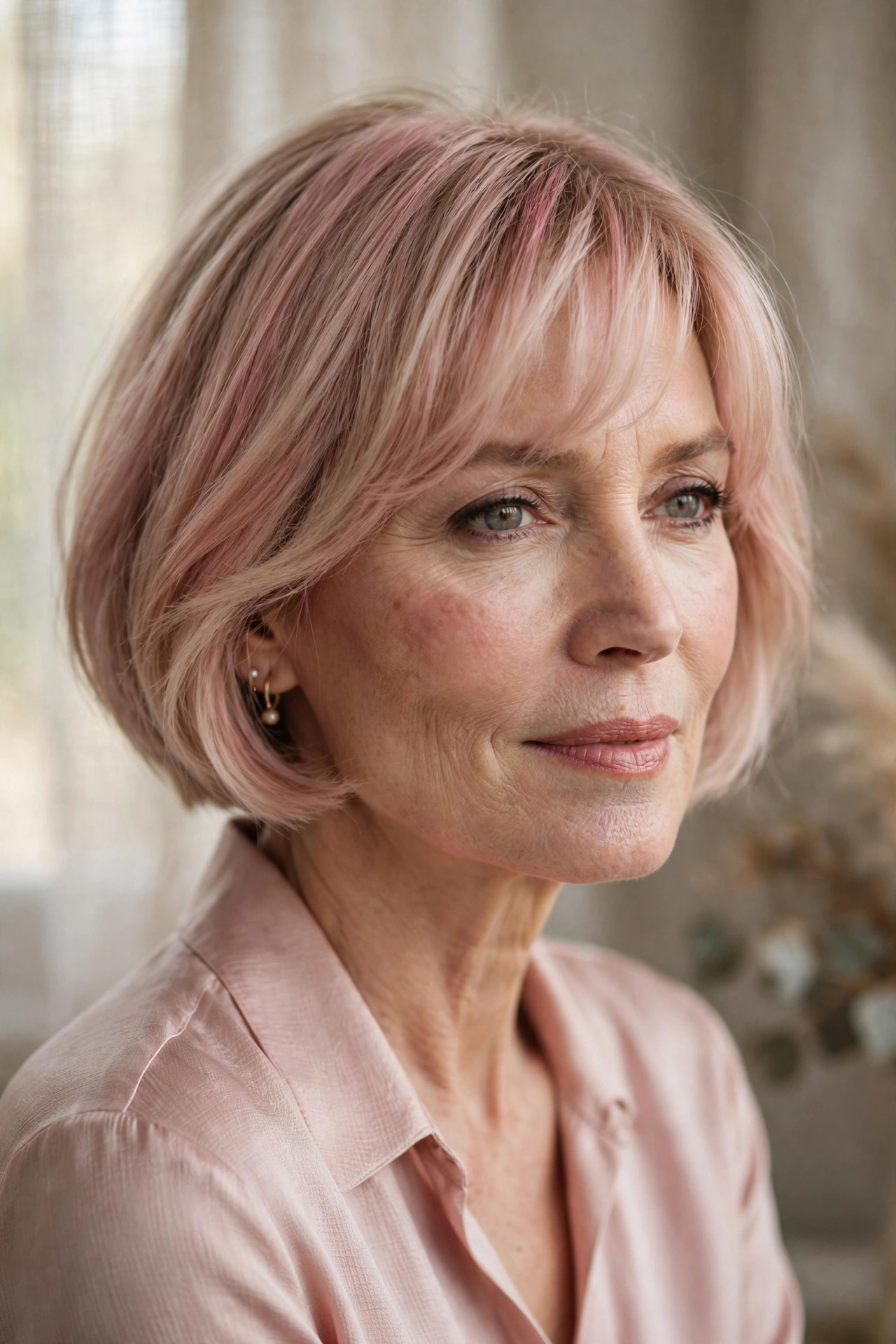 Woman in her 50s with a rose-Tinted Bob with Soft Bangs