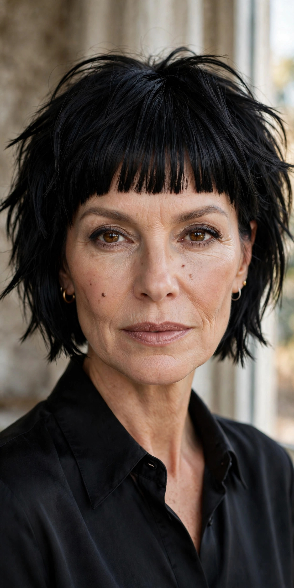 Woman in her 50s with a jet Black Bob with Graphic Bangs
