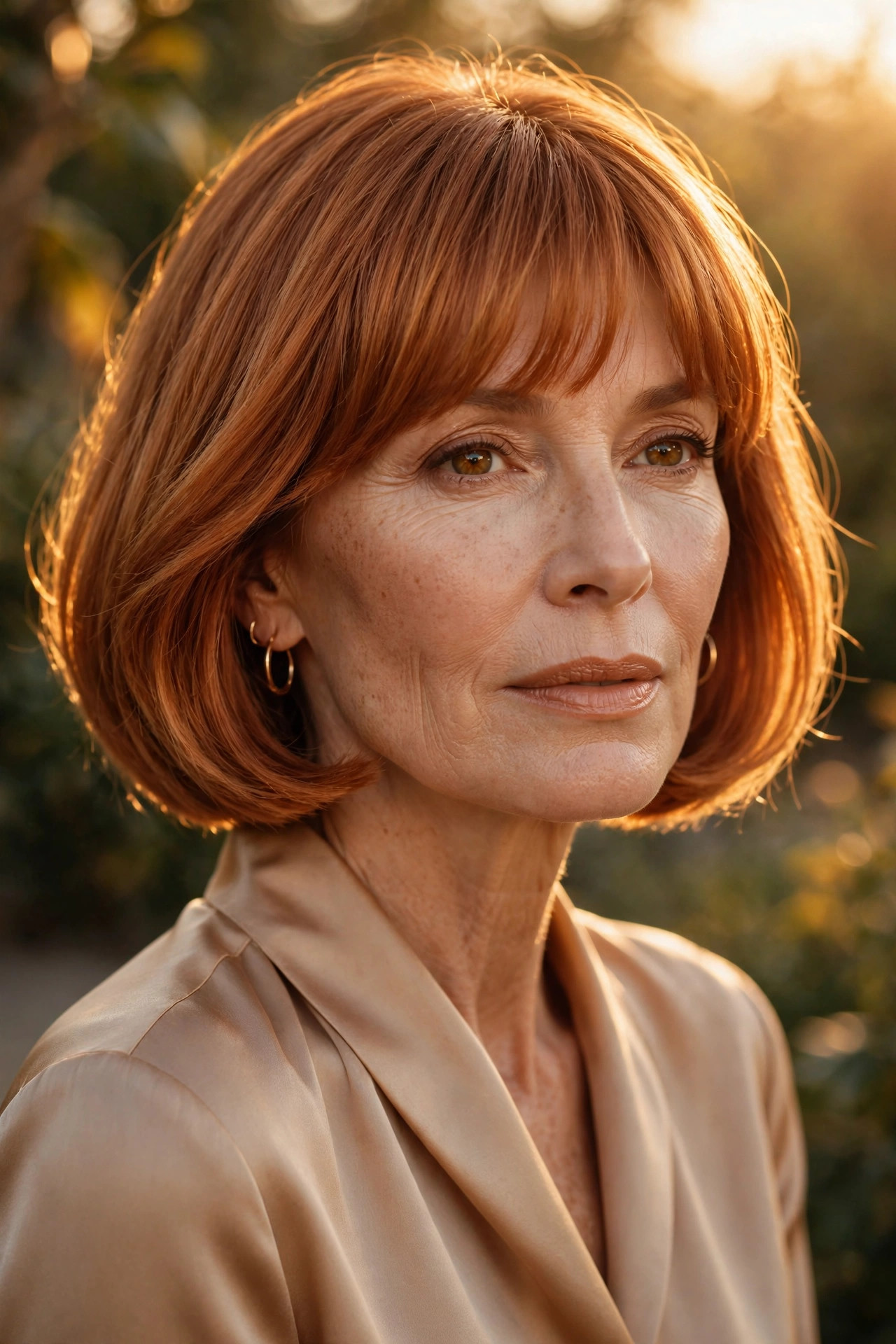 Woman in her 50s with a copper Glow Bob with Warm Bangs