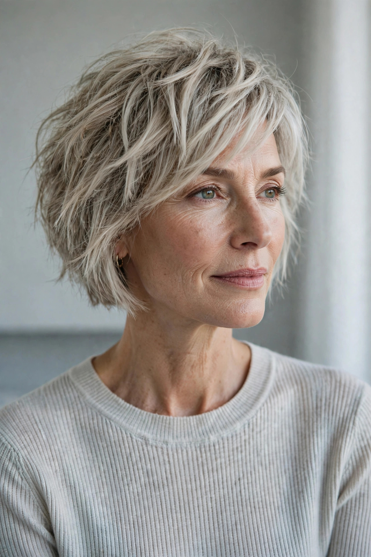Woman in her 50s with a ash Blonde Bob with Cool Bangs
