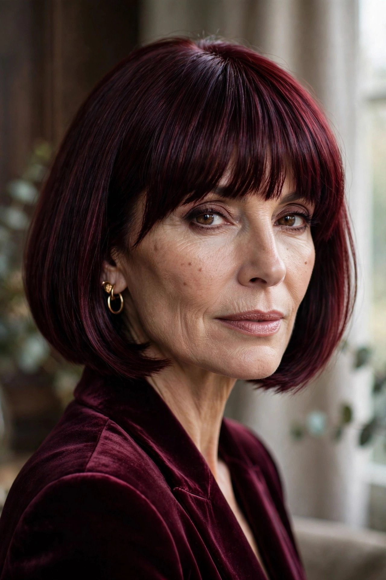 Woman in her 50s with a deep Burgundy Bob with Statement Bangs