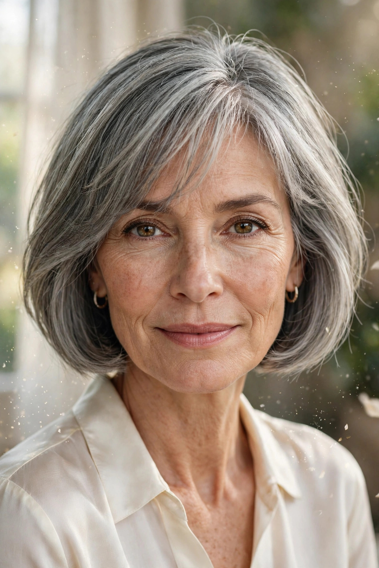 Woman in her 50s with a natural Gray Bob with Wispy Silver Bangs
