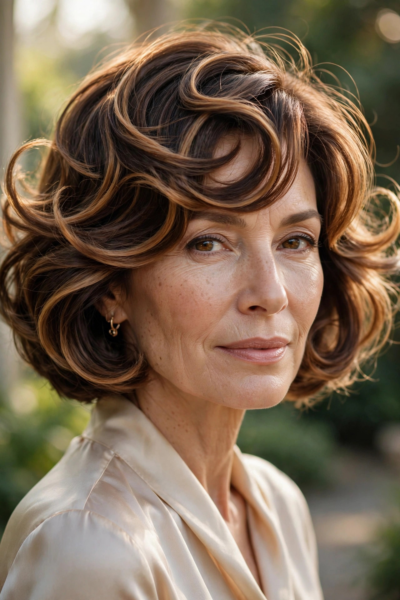 Woman in her 50s with a caramel Swirl Bob with Dimensional Bangs
