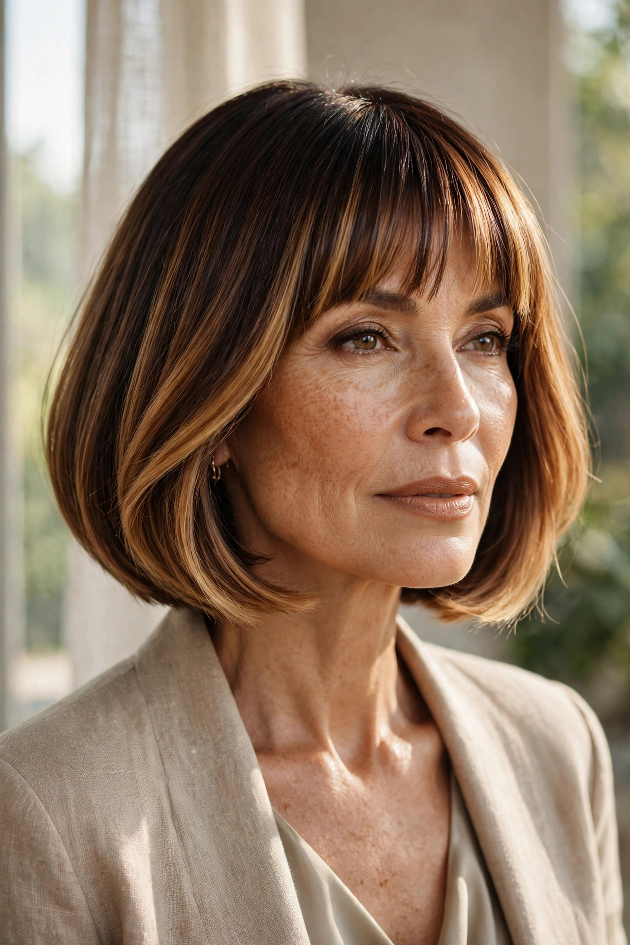 Woman in her 50s with a espresso-to-Caramel Bob with Melted Bangs